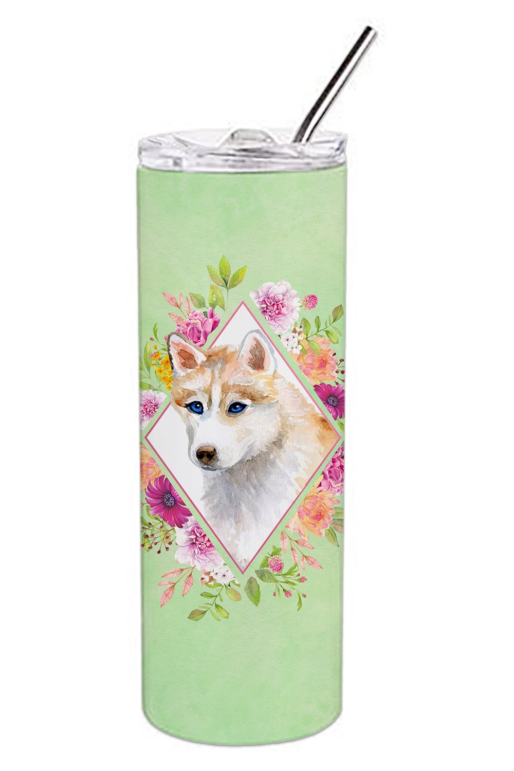 Red Siberian Husky Green Flowers Double Walled Stainless Steel 20 oz Skinny Tumbler CK4308TBL20 by Caroline&#39;s Treasures