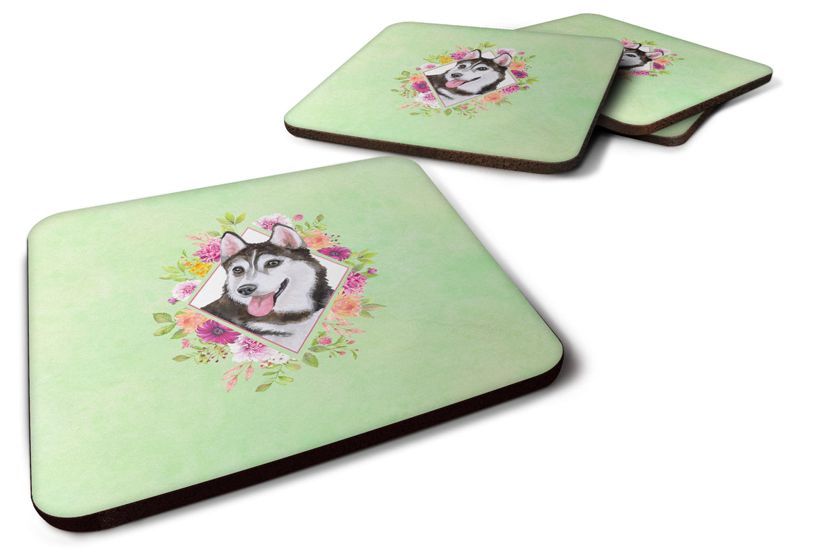 Set of 4 Siberian Husky #1 Green Flowers Foam Coasters Set of 4 CK4311FC - the-store.com