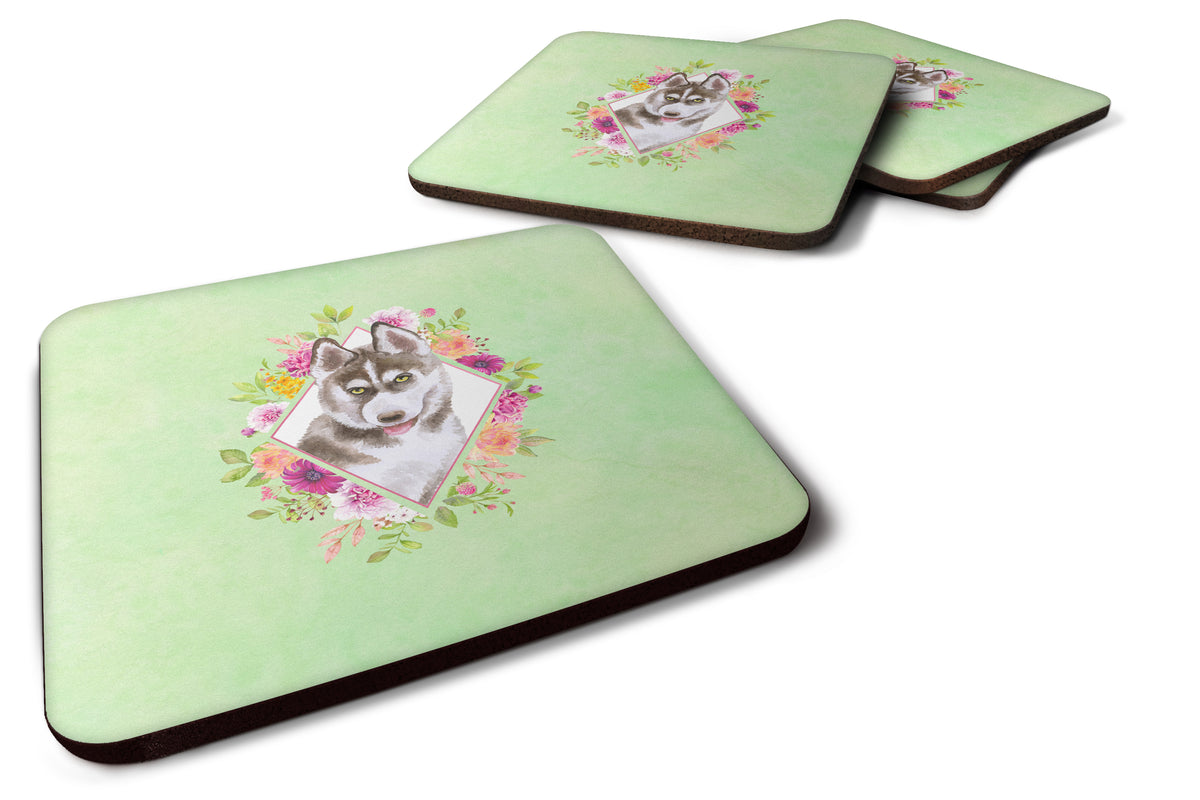 Set of 4 Siberian Husky #2 Green Flowers Foam Coasters Set of 4 CK4312FC - the-store.com