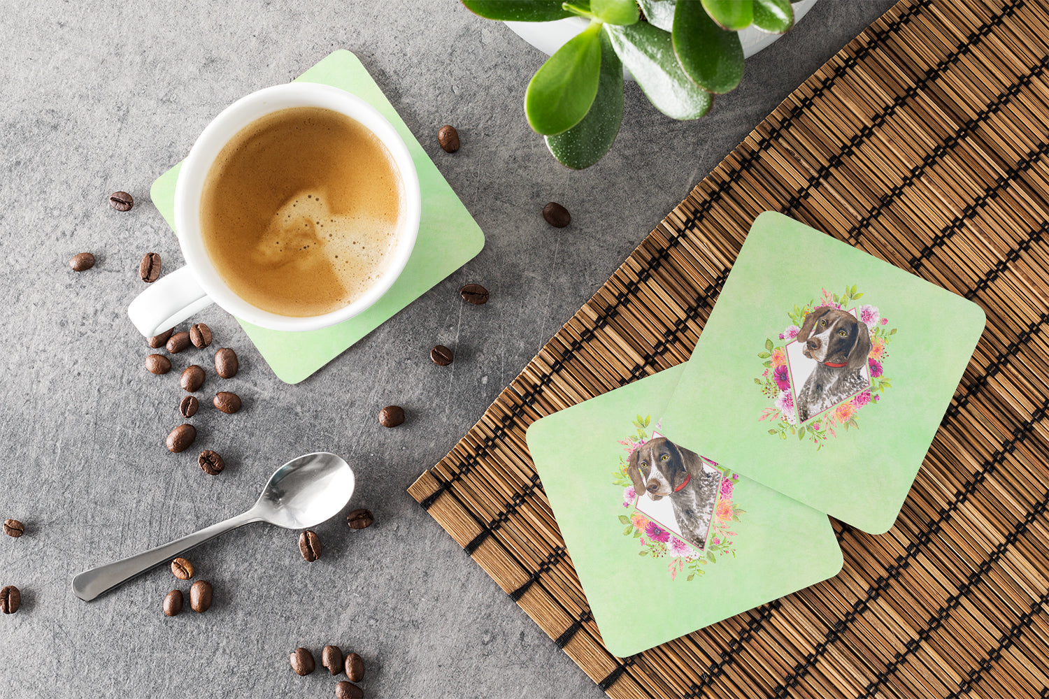 Set of 4 German Shorthaired Pointer Green Flowers Foam Coasters Set of 4 CK4317FC - the-store.com
