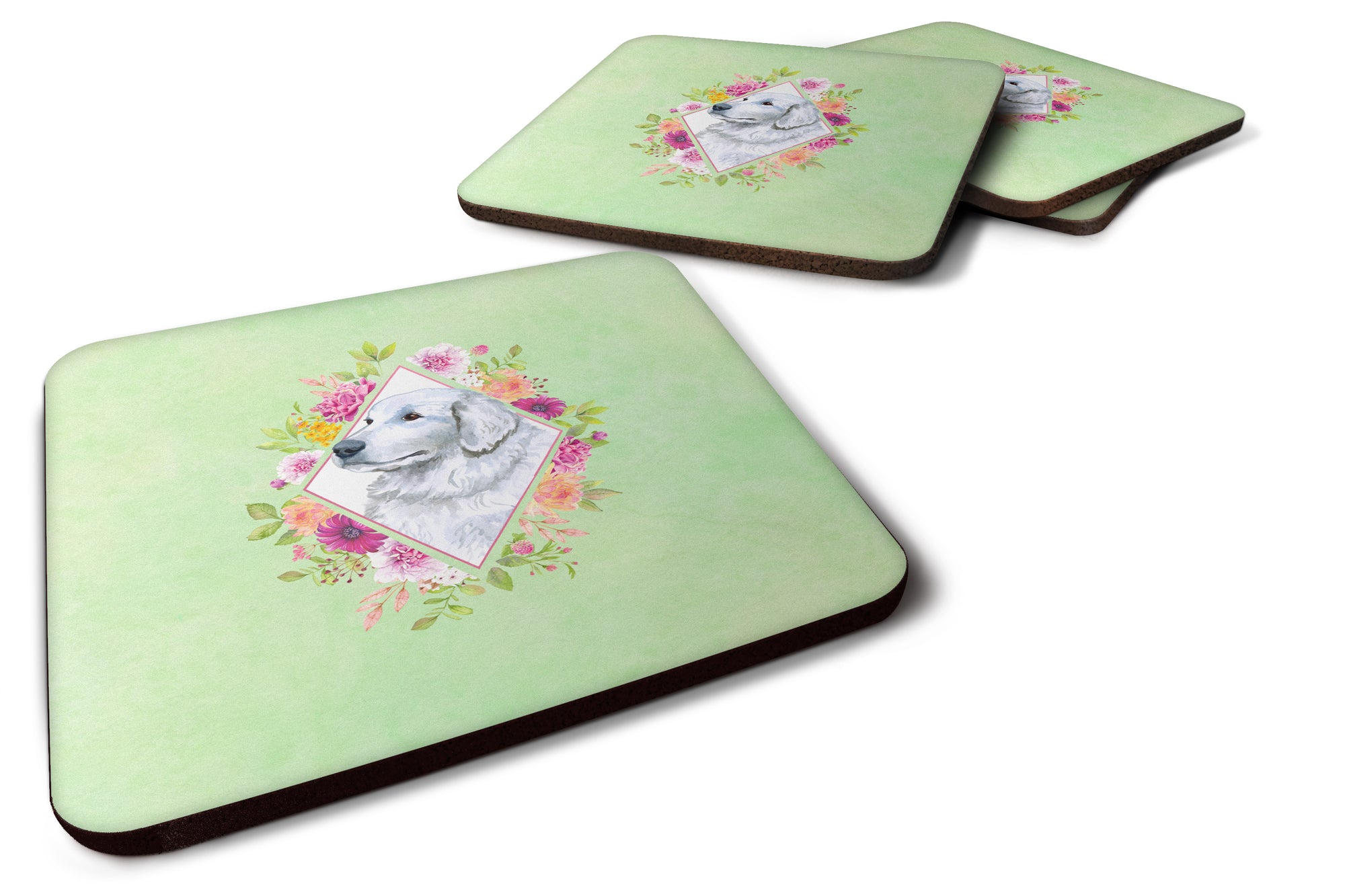 Set of 4 Great Pyrenees Green Flowers Foam Coasters Set of 4 CK4320FC - the-store.com