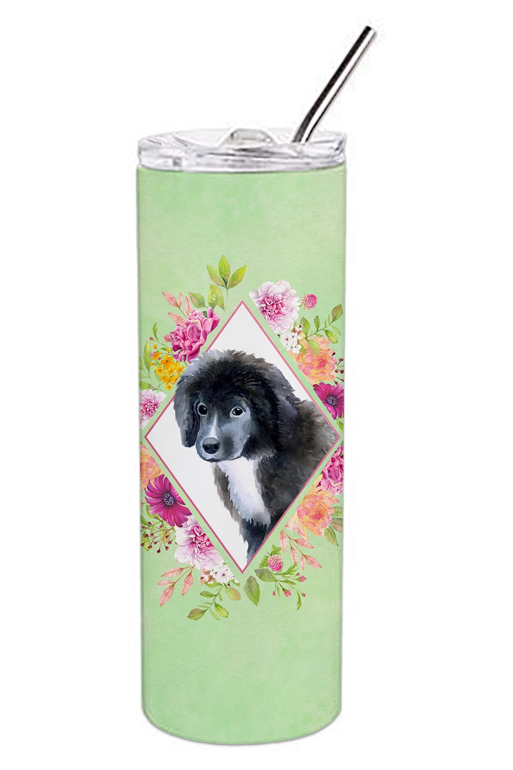 Newfoundland Puppy Green Flowers Double Walled Stainless Steel 20 oz Skinny Tumbler CK4324TBL20 by Caroline&#39;s Treasures