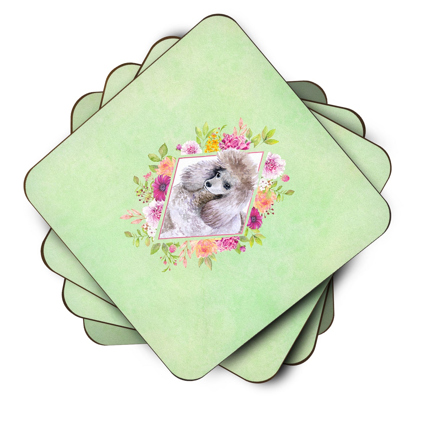 Set of 4 Standard Grey Poodle Green Flowers Foam Coasters Set of 4 CK4333FC - the-store.com