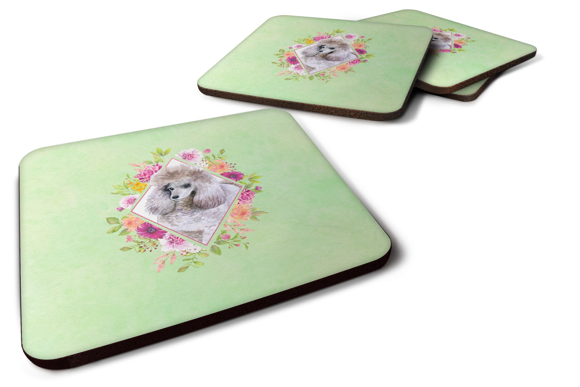 Set of 4 Standard Grey Poodle Green Flowers Foam Coasters Set of 4 CK4333FC - the-store.com