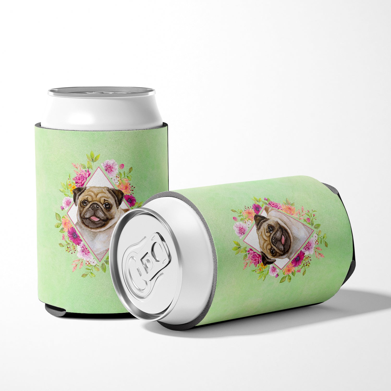 Fawn Pug Green Flowers Can or Bottle Hugger CK4334CC  the-store.com.