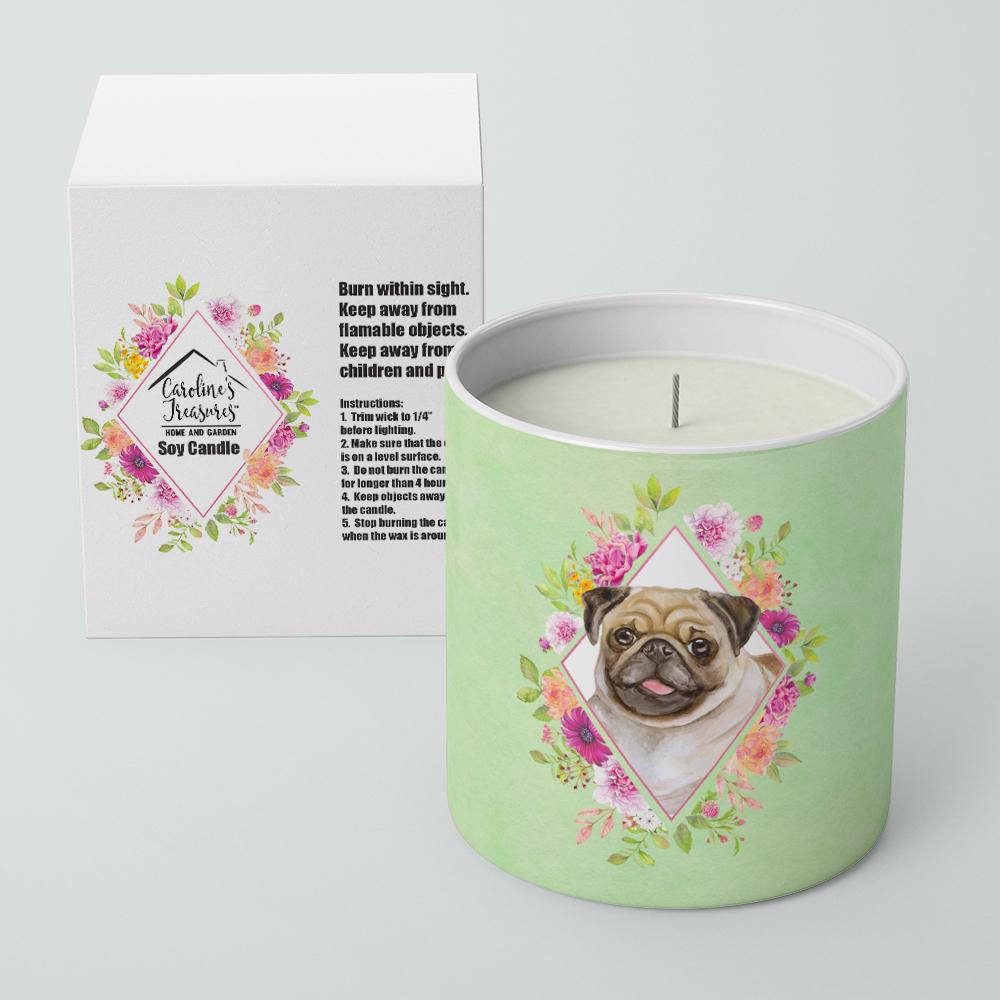 Fawn Pug Green Flowers 10 oz Decorative Soy Candle CK4334CDL by Caroline&#39;s Treasures