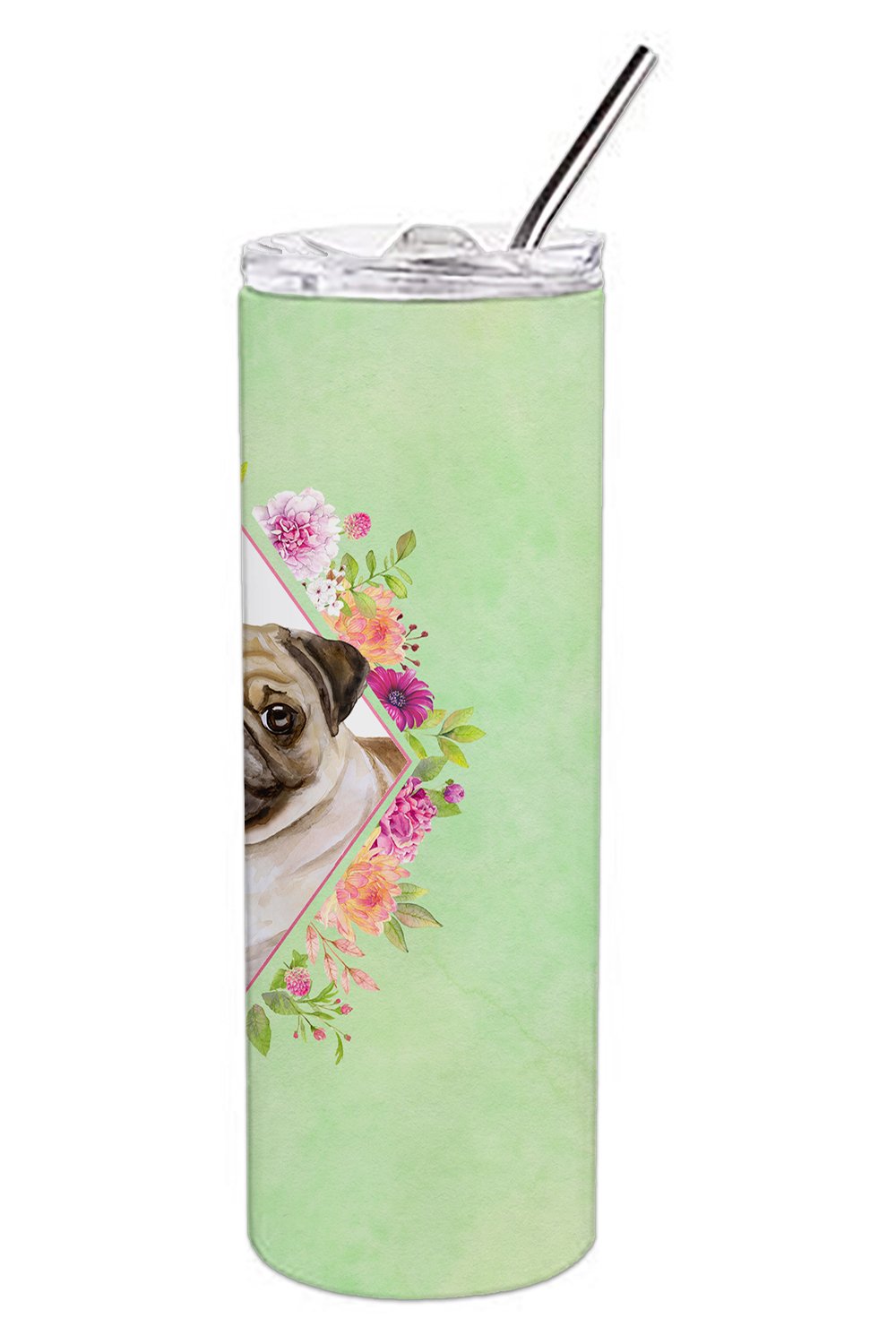 Fawn Pug Green Flowers Double Walled Stainless Steel 20 oz Skinny Tumbler CK4334TBL20 by Caroline's Treasures