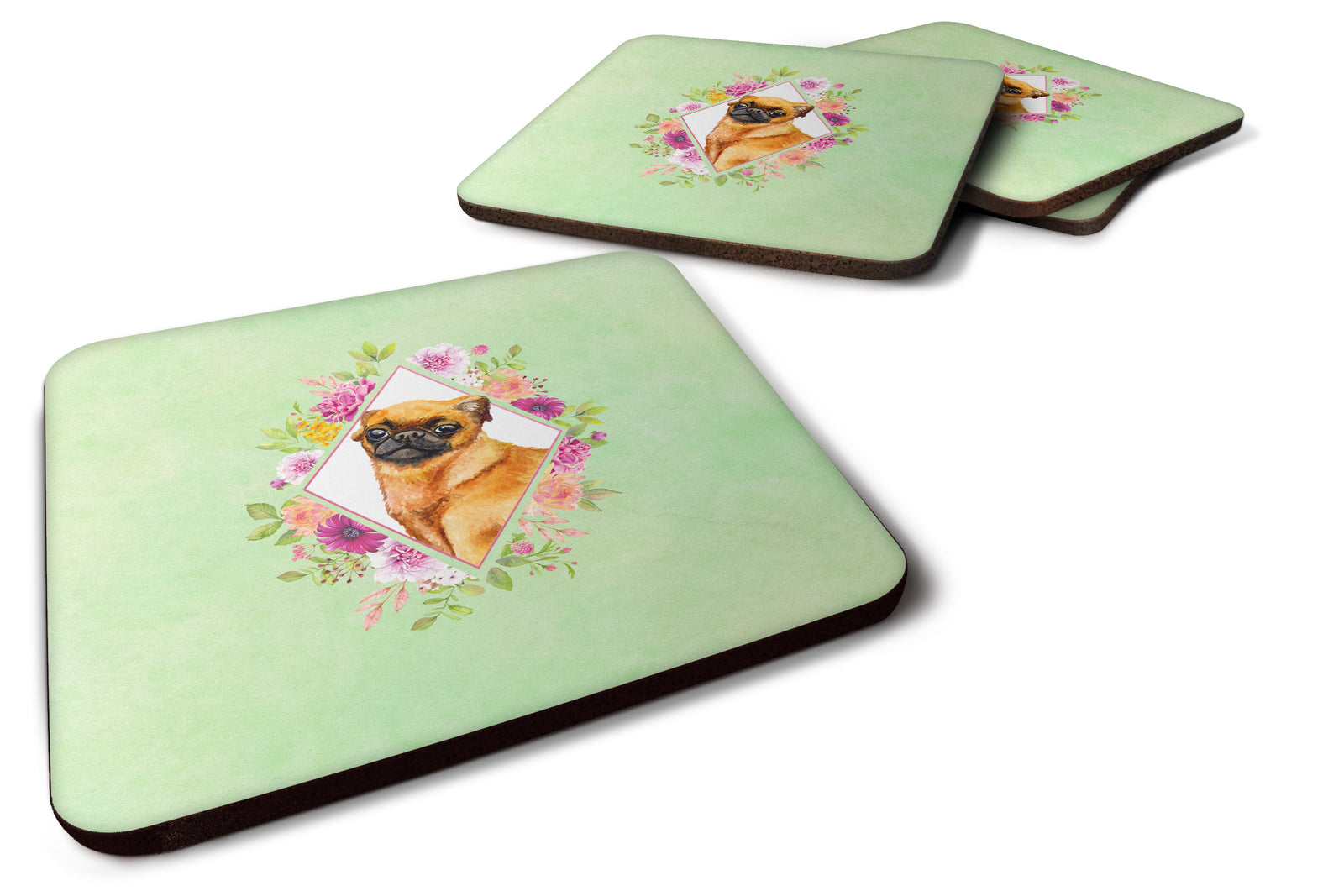Caroline's Treasures Brabant Griffon Green Flowers Coasters - Set of 4 Lightweight Foam, Absorbent Drink Coasters CK4345FC