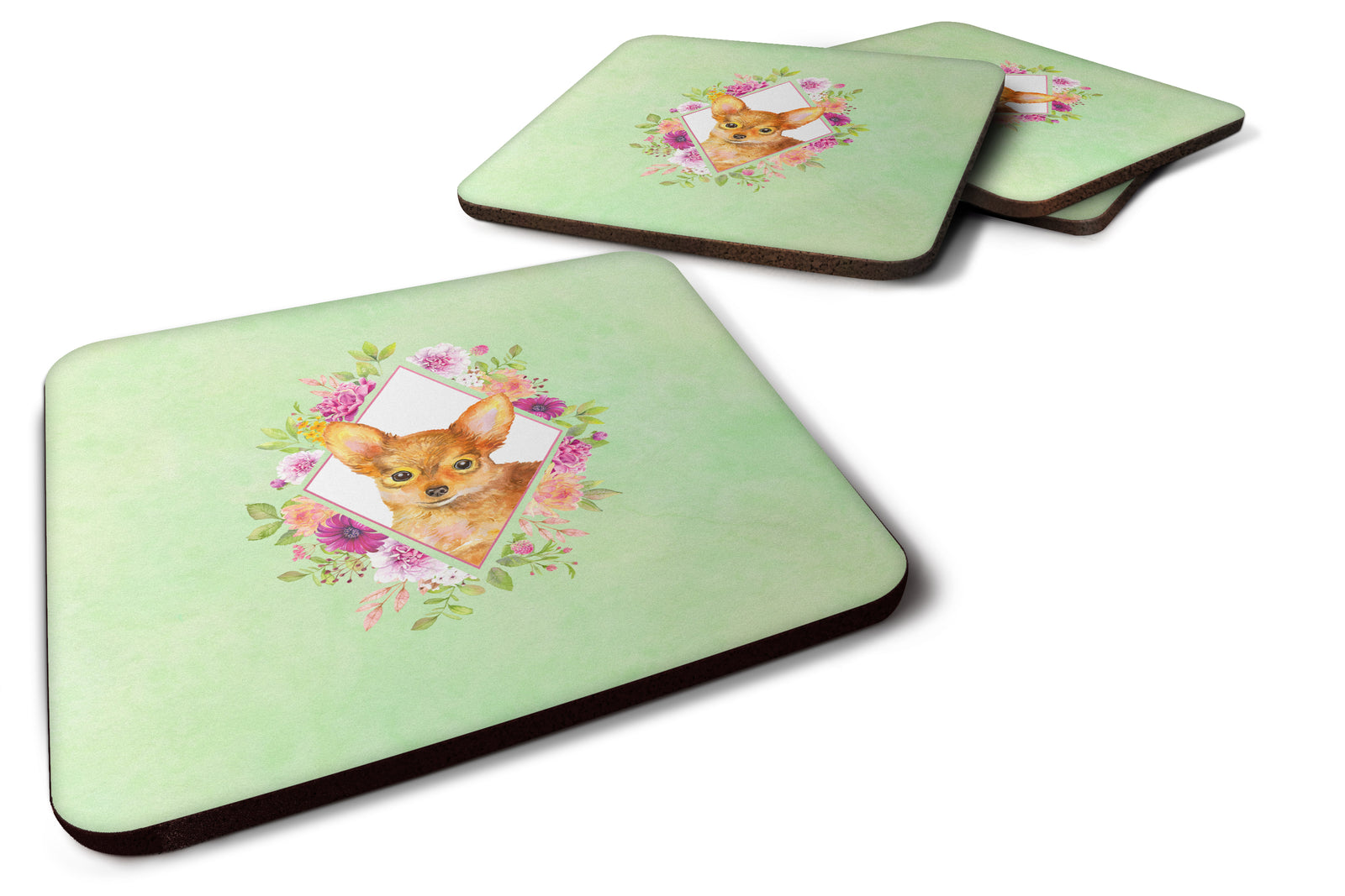 Set of 4 Toy Terrier Green Flowers Foam Coasters Set of 4 CK4350FC - the-store.com