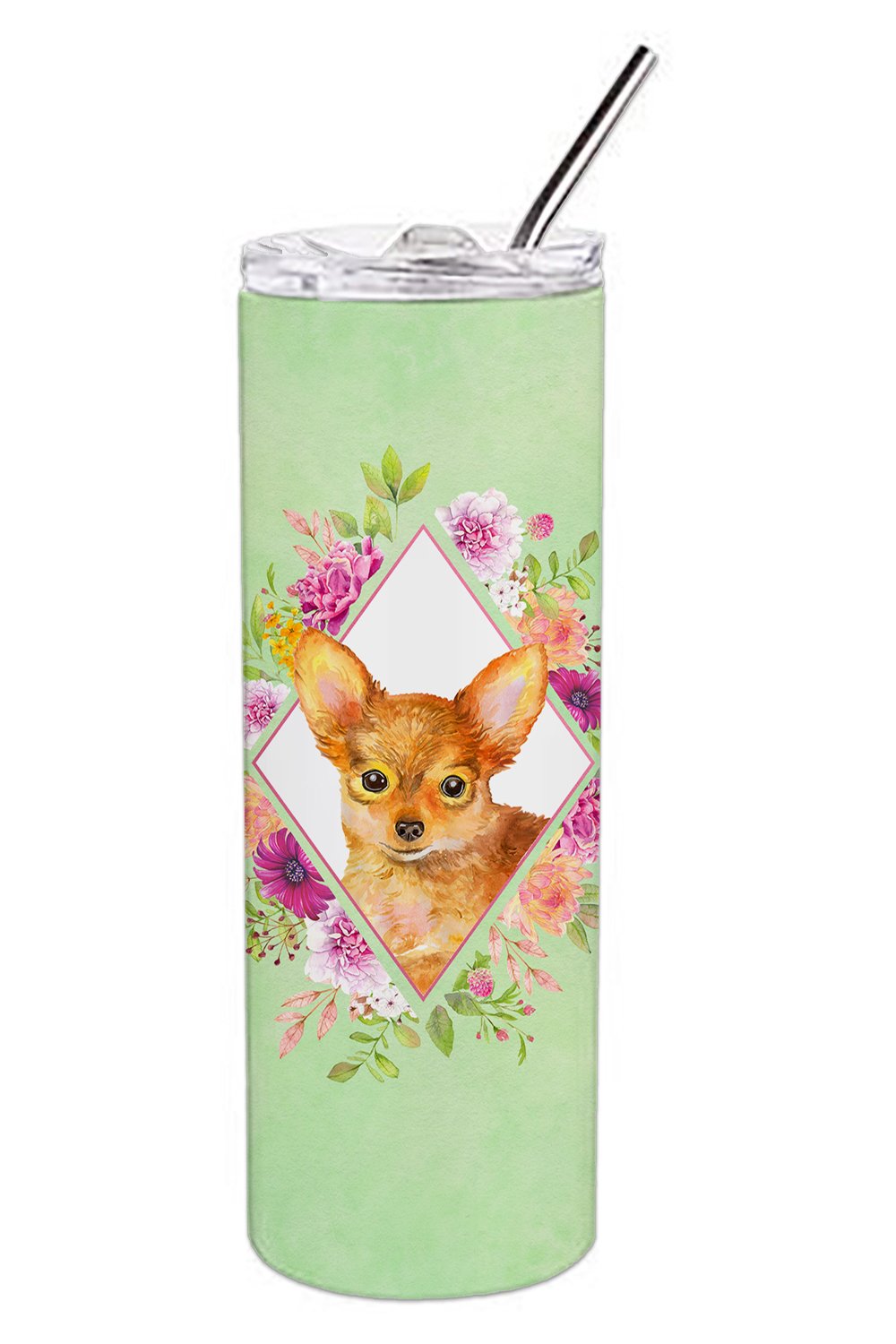 Toy Terrier Green Flowers Double Walled Stainless Steel 20 oz Skinny Tumbler CK4350TBL20 by Caroline&#39;s Treasures