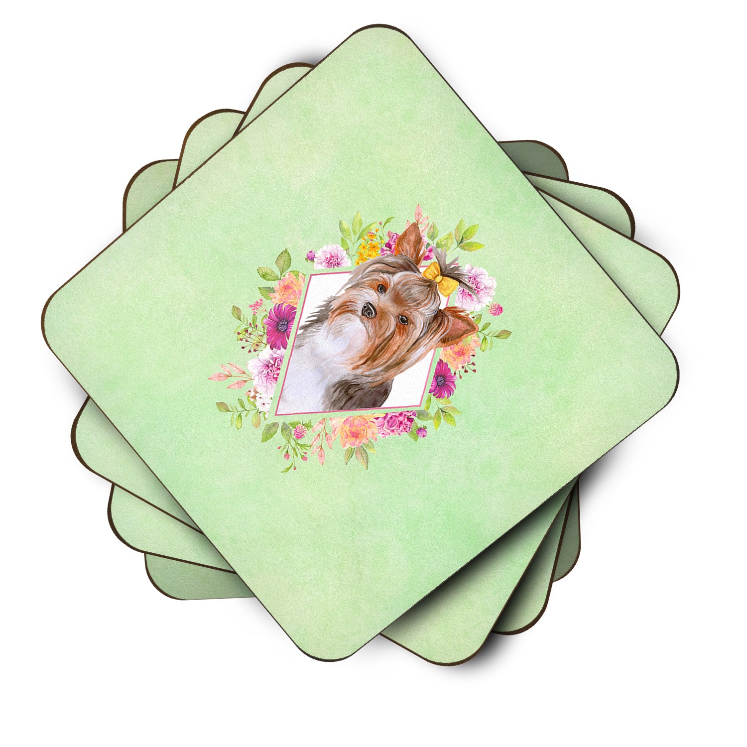 Set of 4 Yorkshire Terrier #1 Green Flowers Foam Coasters Set of 4 CK4354FC - the-store.com