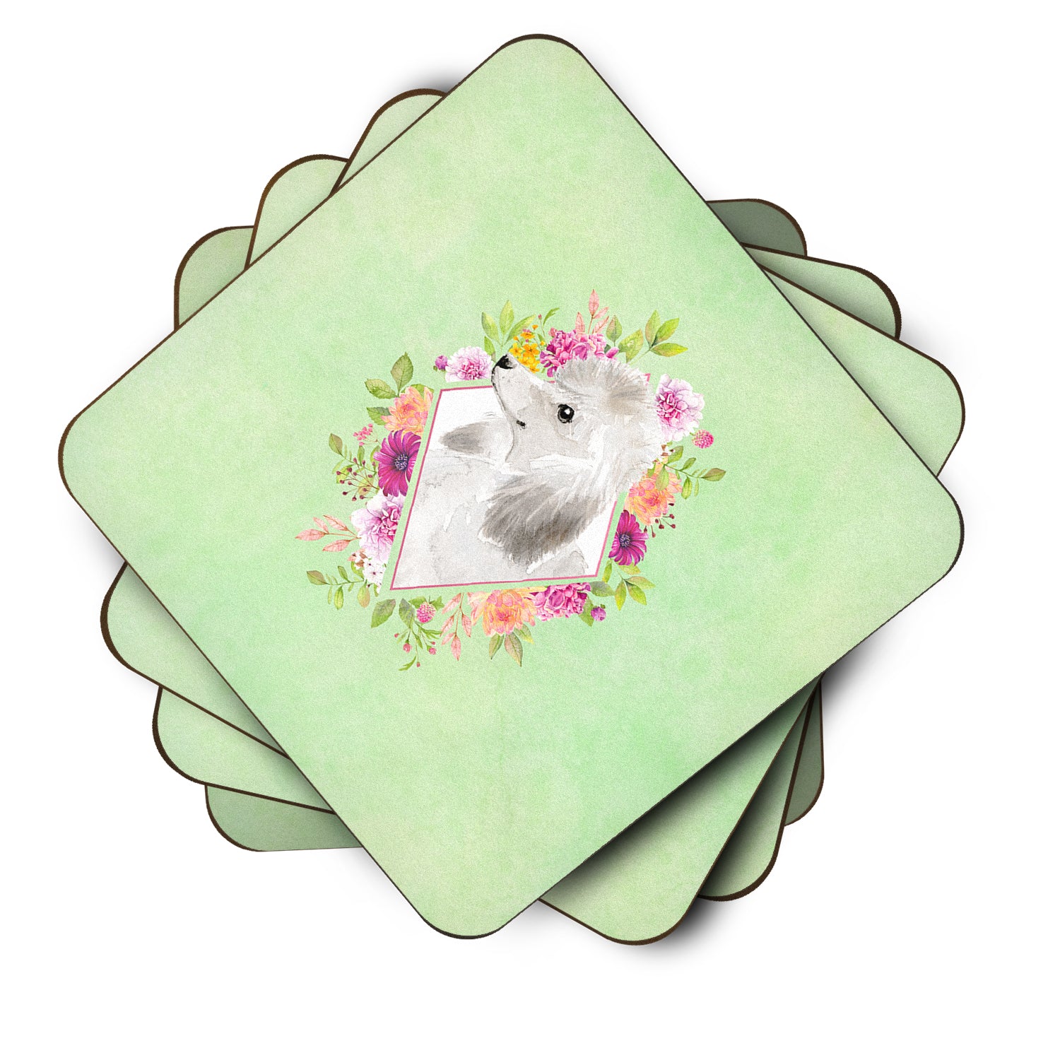Set of 4 White Standard Poodle Green Flowers Foam Coasters Set of 4 CK4360FC - the-store.com
