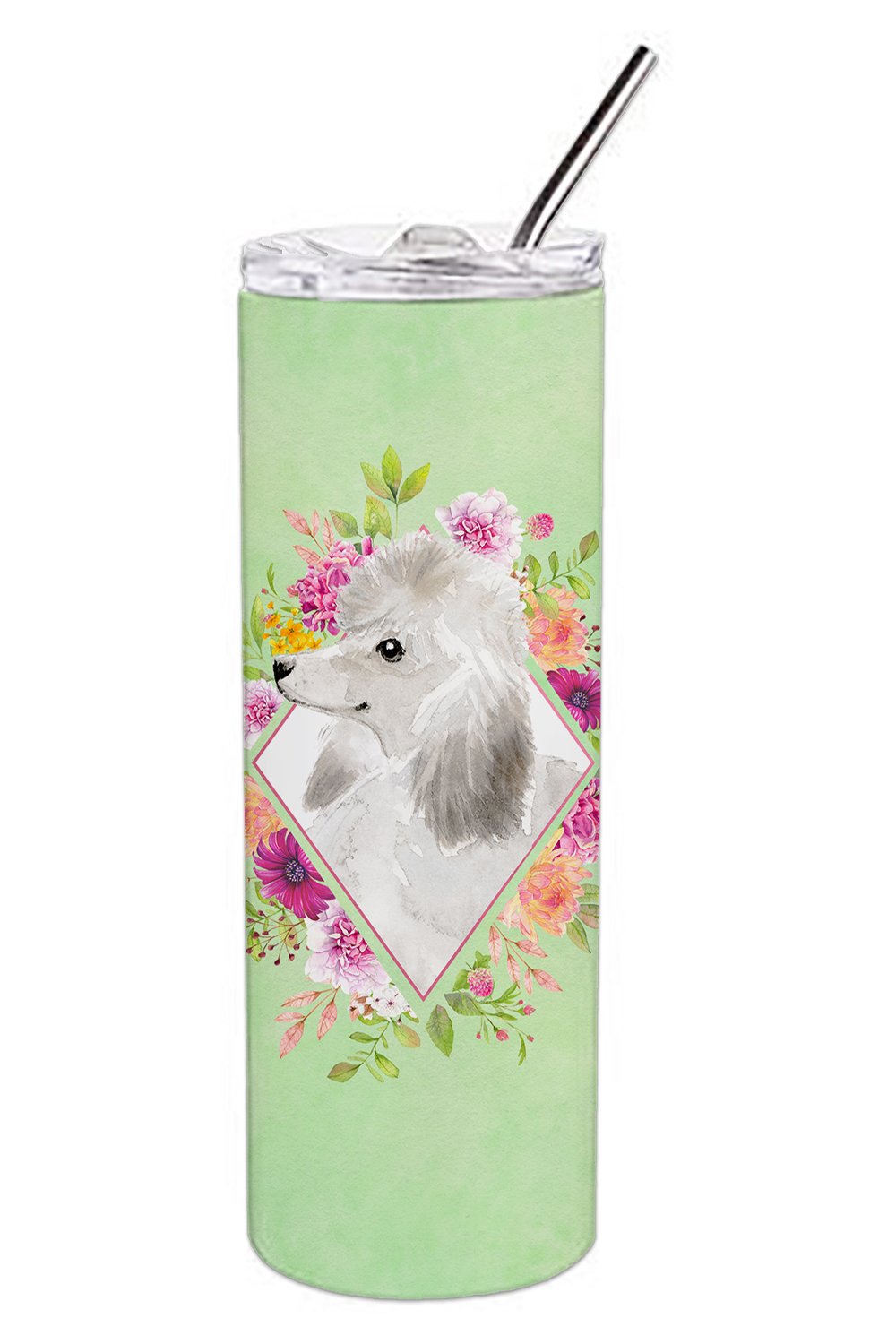 White Standard Poodle Green Flowers Double Walled Stainless Steel 20 oz Skinny Tumbler CK4360TBL20 by Caroline&#39;s Treasures