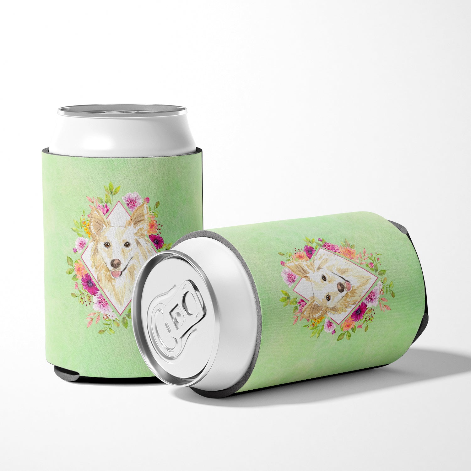 White Collie Green Flowers Can or Bottle Hugger CK4361CC  the-store.com.