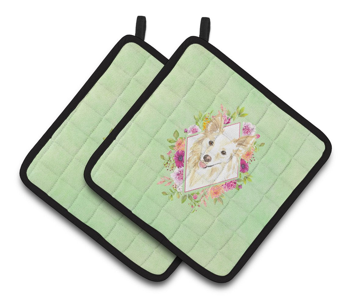 White Collie Green Flowers Pair of Pot Holders CK4361PTHD by Caroline&#39;s Treasures