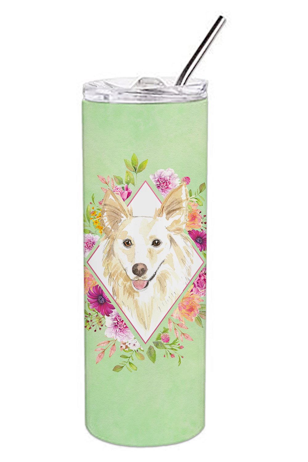White Collie Green Flowers Double Walled Stainless Steel 20 oz Skinny Tumbler CK4361TBL20 by Caroline&#39;s Treasures