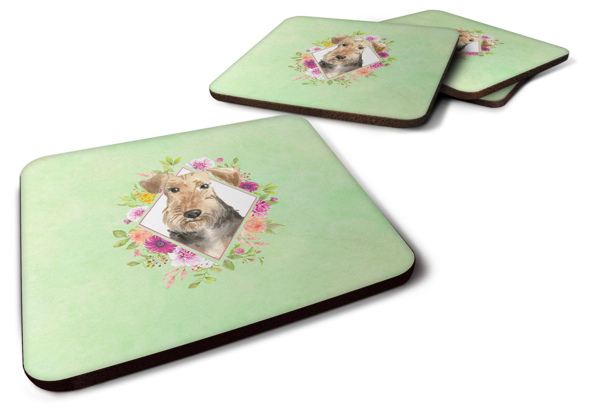 Set of 4 Airedale Terrier Green Flowers Foam Coasters Set of 4 CK4364FC - the-store.com