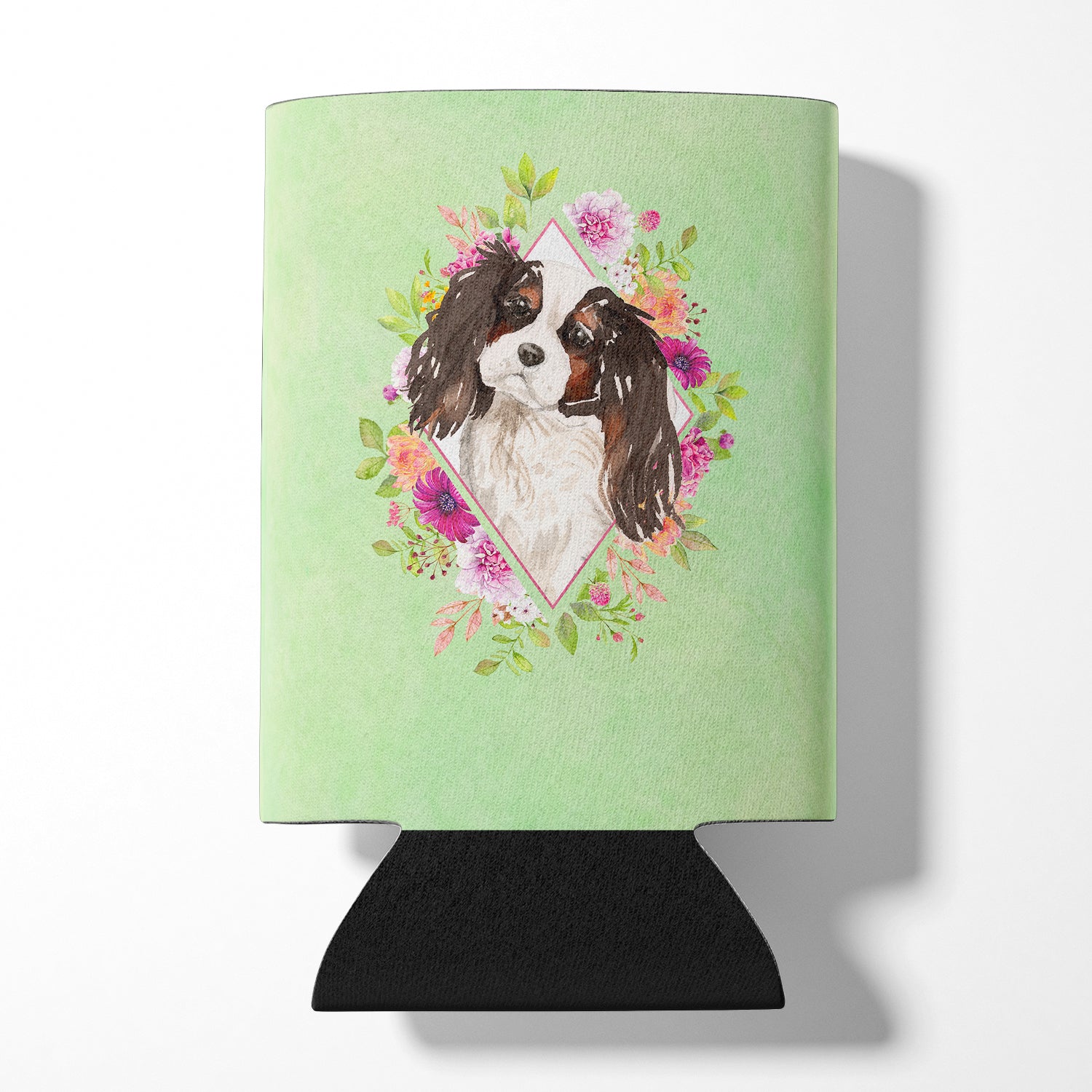 Tricolor Cavalier Spaniel Green Flowers Can or Bottle Hugger CK4366CC  the-store.com.