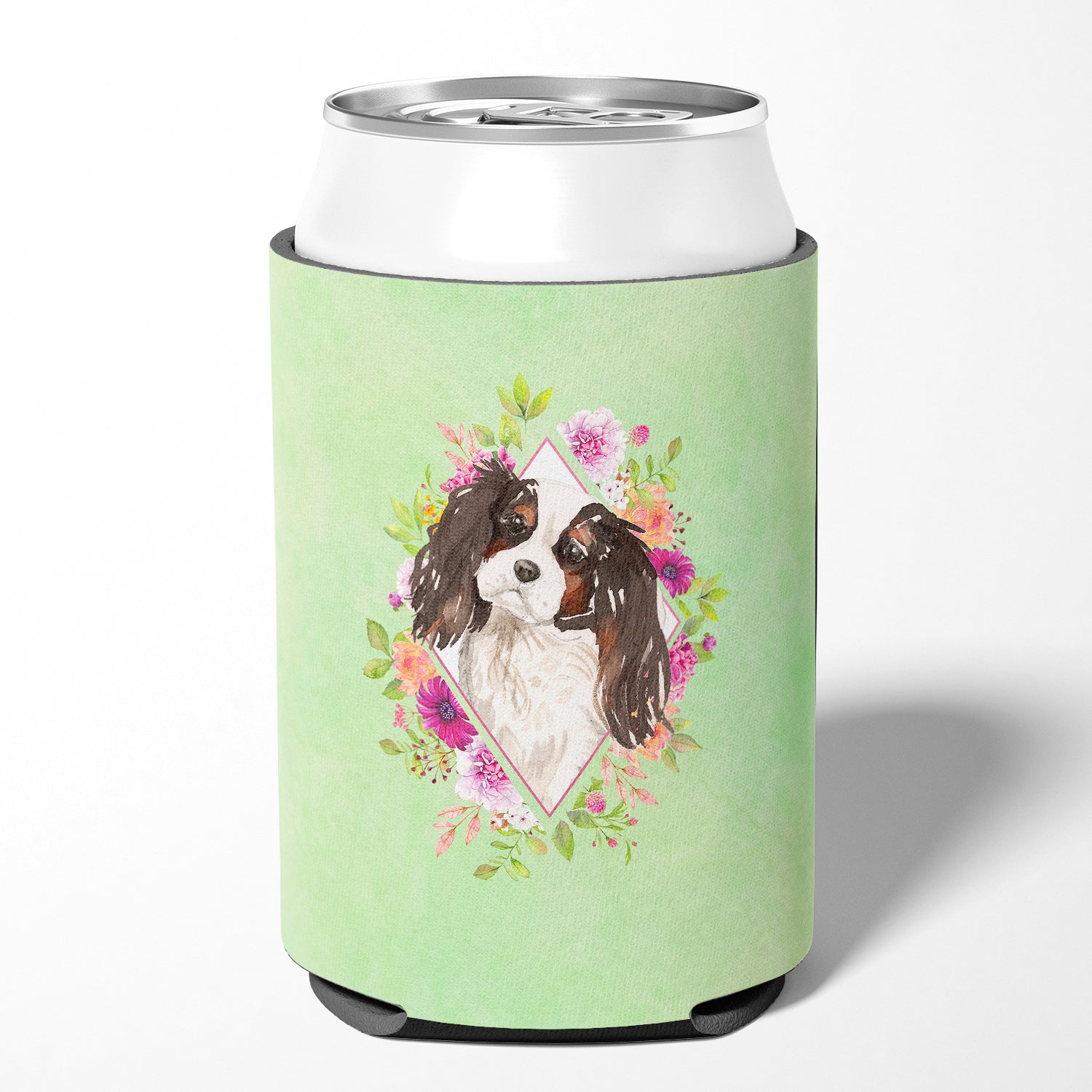 Tricolor Cavalier Spaniel Green Flowers Can or Bottle Hugger CK4366CC  the-store.com.