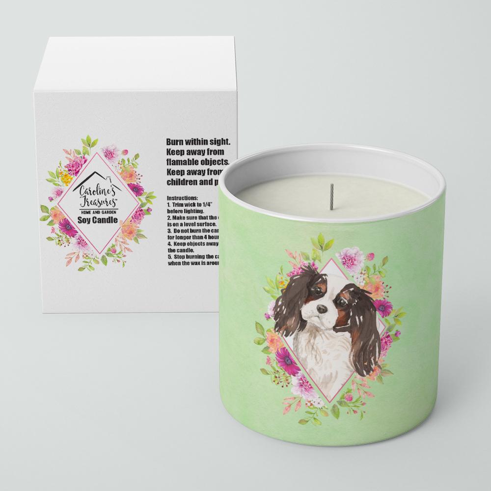 Tricolor Cavalier Spaniel Green Flowers 10 oz Decorative Soy Candle CK4366CDL by Caroline&#39;s Treasures
