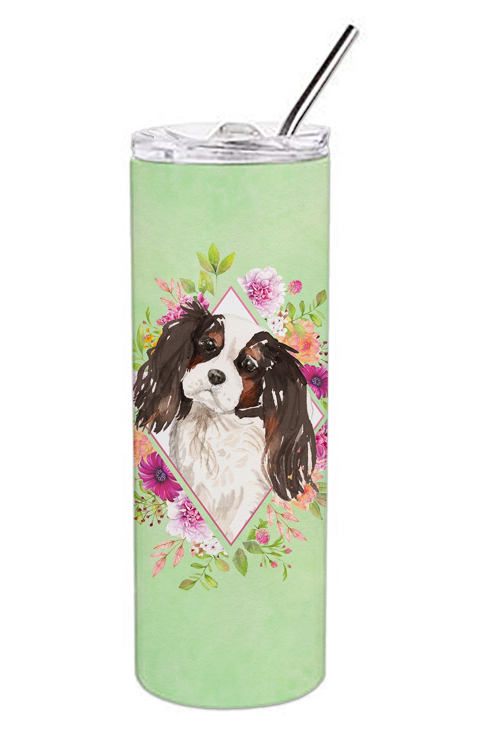 Tricolor Cavalier Spaniel Green Flowers Double Walled Stainless Steel 20 oz Skinny Tumbler CK4366TBL20 by Caroline&#39;s Treasures