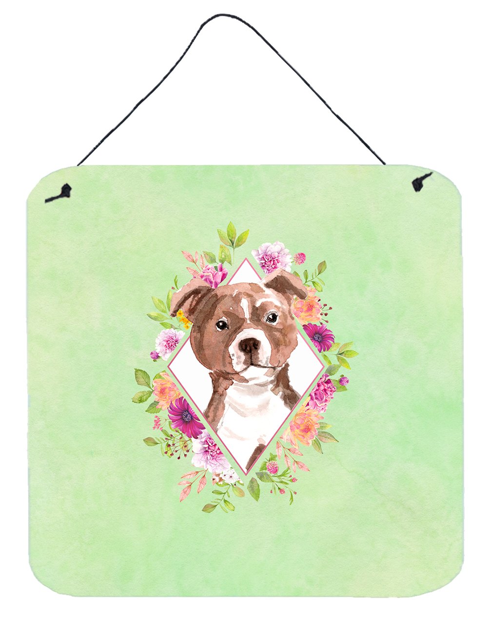 Staffie Bull Terrier Green Flowers Wall or Door Hanging Prints CK4368DS66 by Caroline&#39;s Treasures