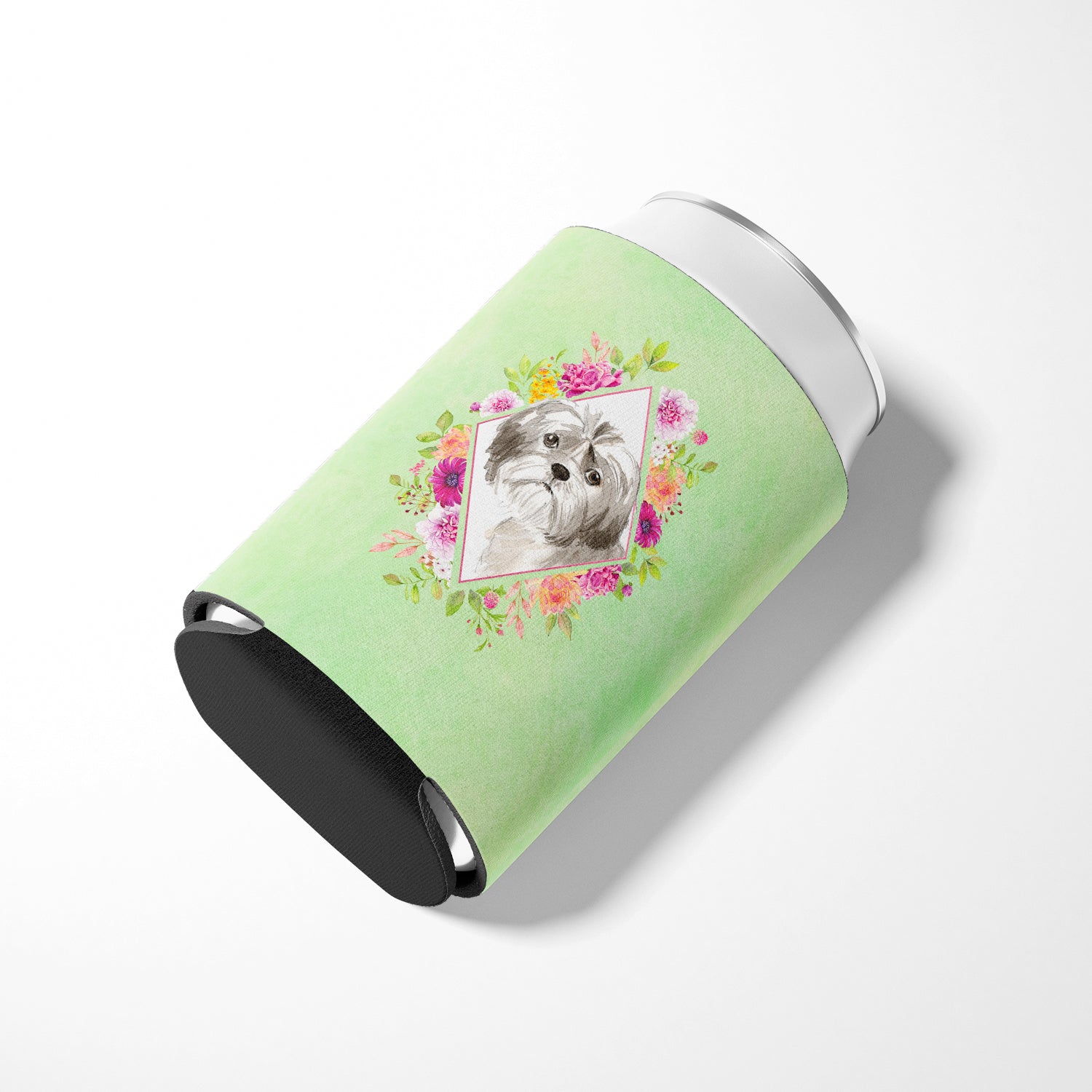 Shih Tzu Puppy Green Flowers Can or Bottle Hugger CK4371CC  the-store.com.