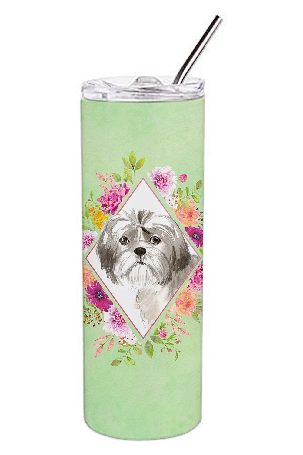 Shih Tzu Puppy Green Flowers Double Walled Stainless Steel 20 oz Skinny Tumbler CK4371TBL20 by Caroline&#39;s Treasures