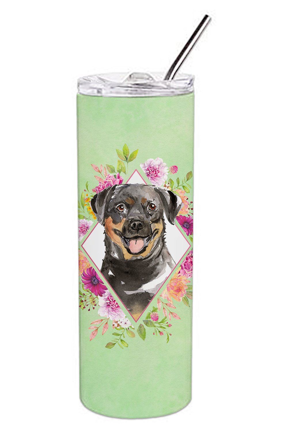 Rottweiler Green Flowers Double Walled Stainless Steel 20 oz Skinny Tumbler CK4377TBL20 by Caroline&#39;s Treasures