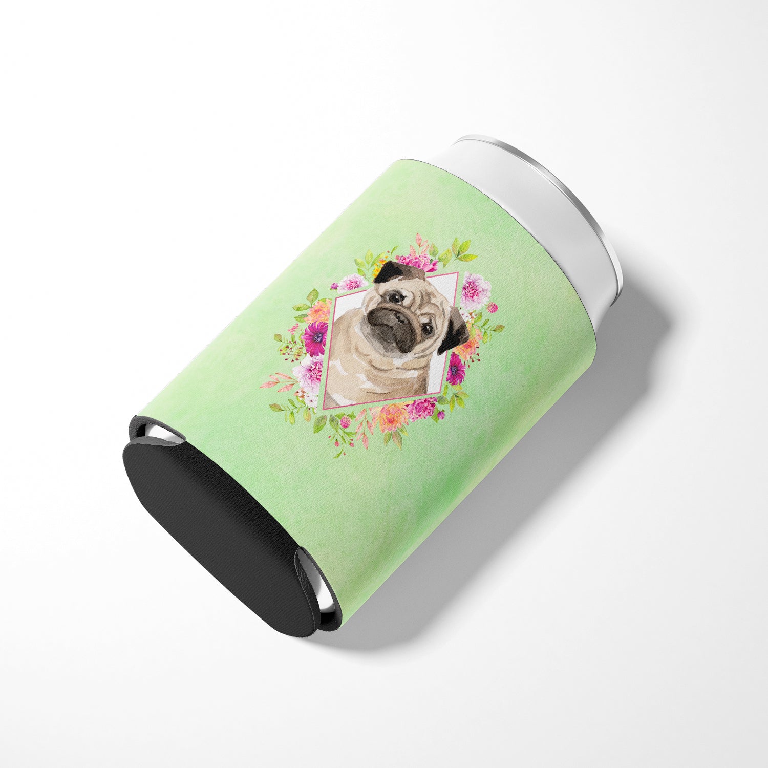 Fawn Pug Green Flowers Can or Bottle Hugger CK4378CC  the-store.com.