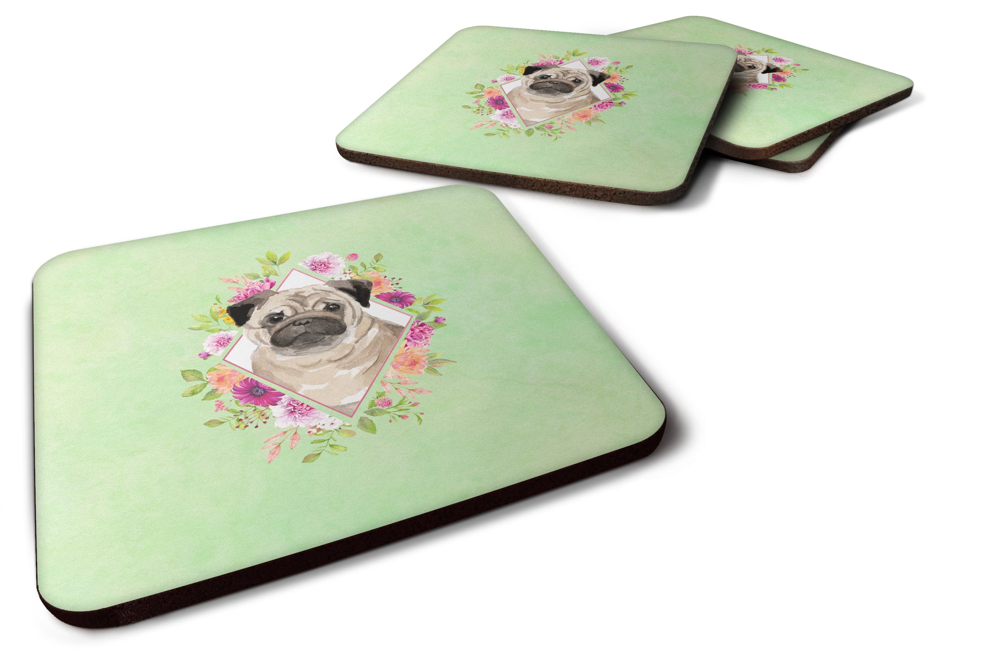 Set of 4 Fawn Pug Green Flowers Foam Coasters Set of 4 CK4378FC - the-store.com