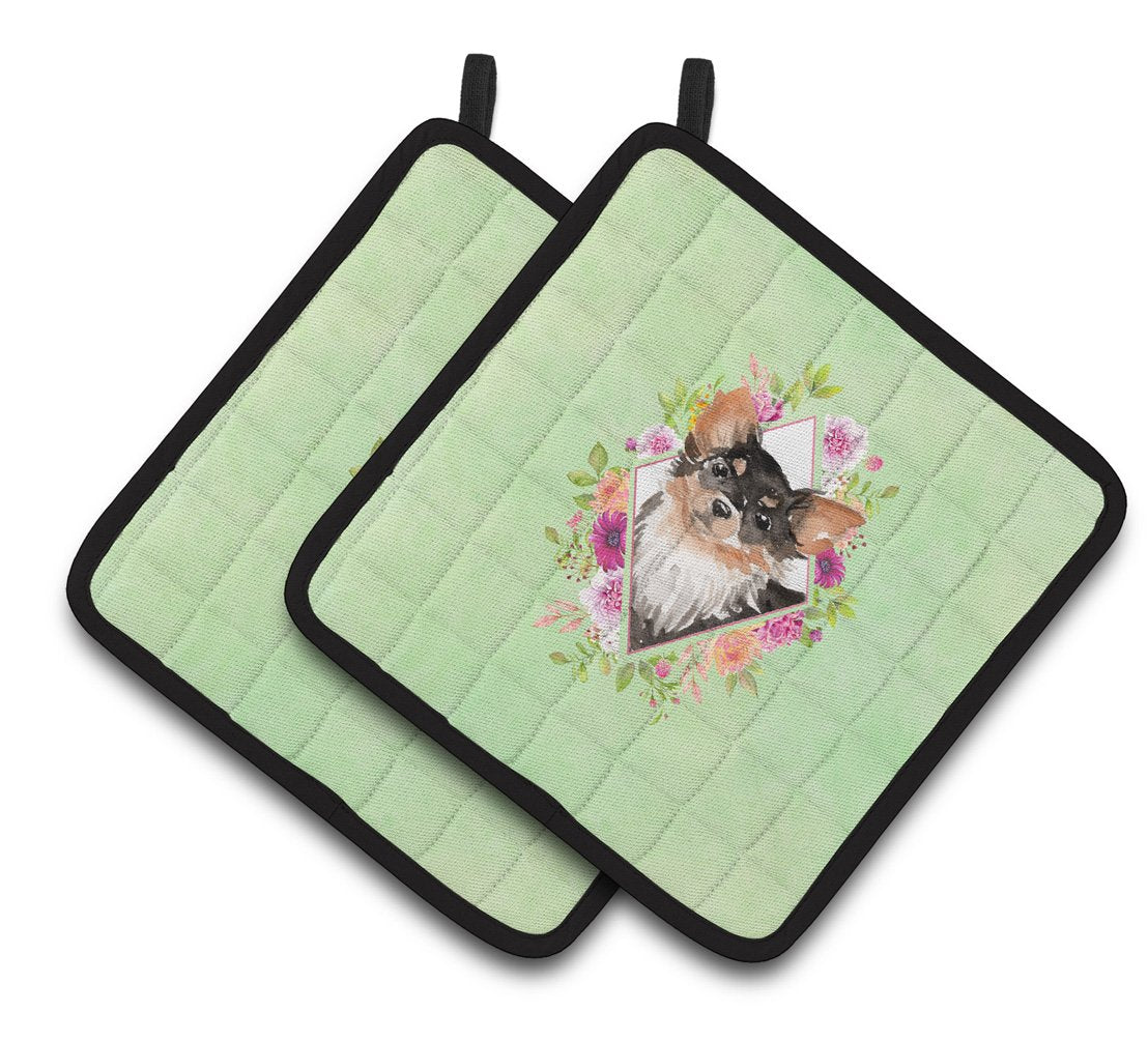 Longhaired Chihuahua Green Flowers Pair of Pot Holders CK4385PTHD by Caroline's Treasures
