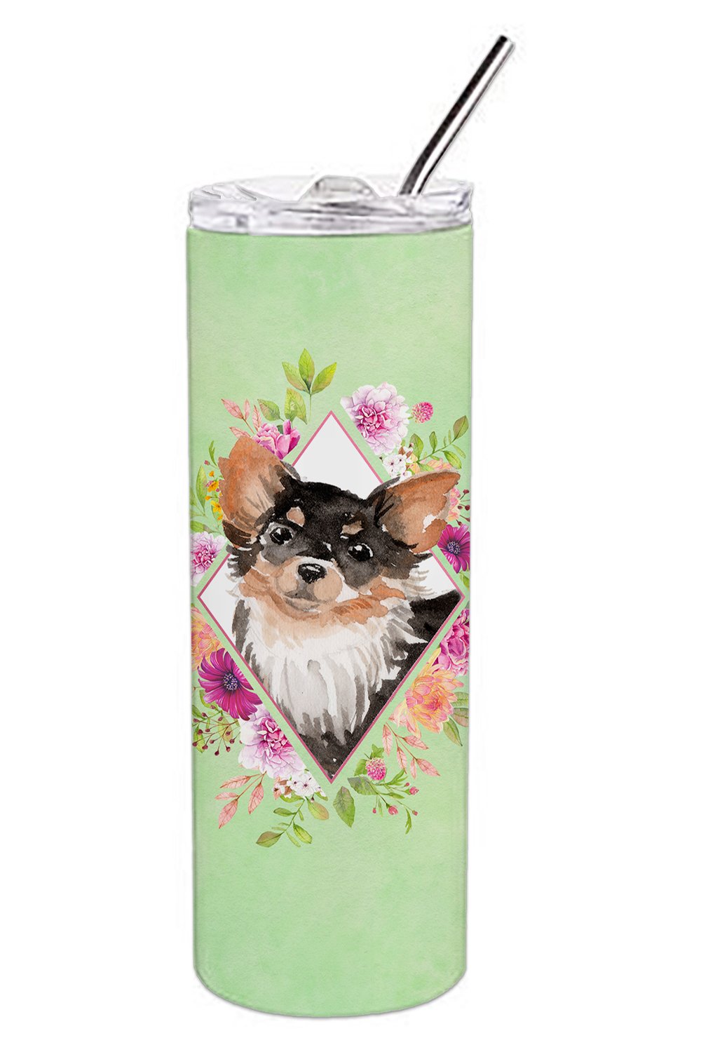 Longhaired Chihuahua Green Flowers Double Walled Stainless Steel 20 oz Skinny Tumbler CK4385TBL20 by Caroline&#39;s Treasures