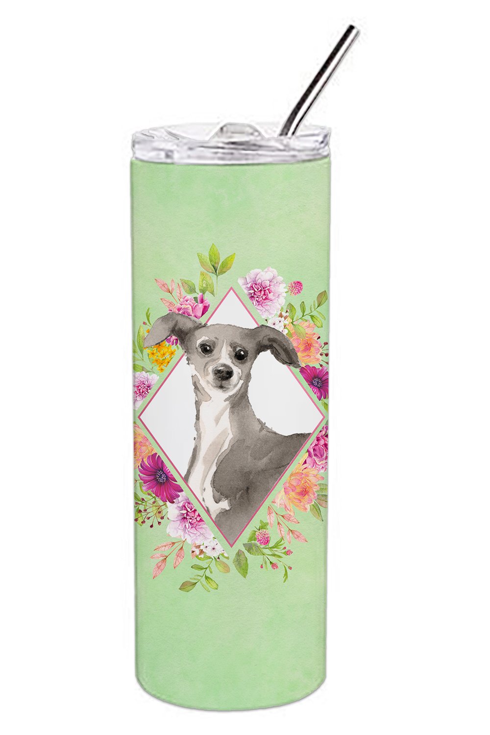 Italian Greyhound Green Flowers Double Walled Stainless Steel 20 oz Skinny Tumbler CK4390TBL20 by Caroline&#39;s Treasures