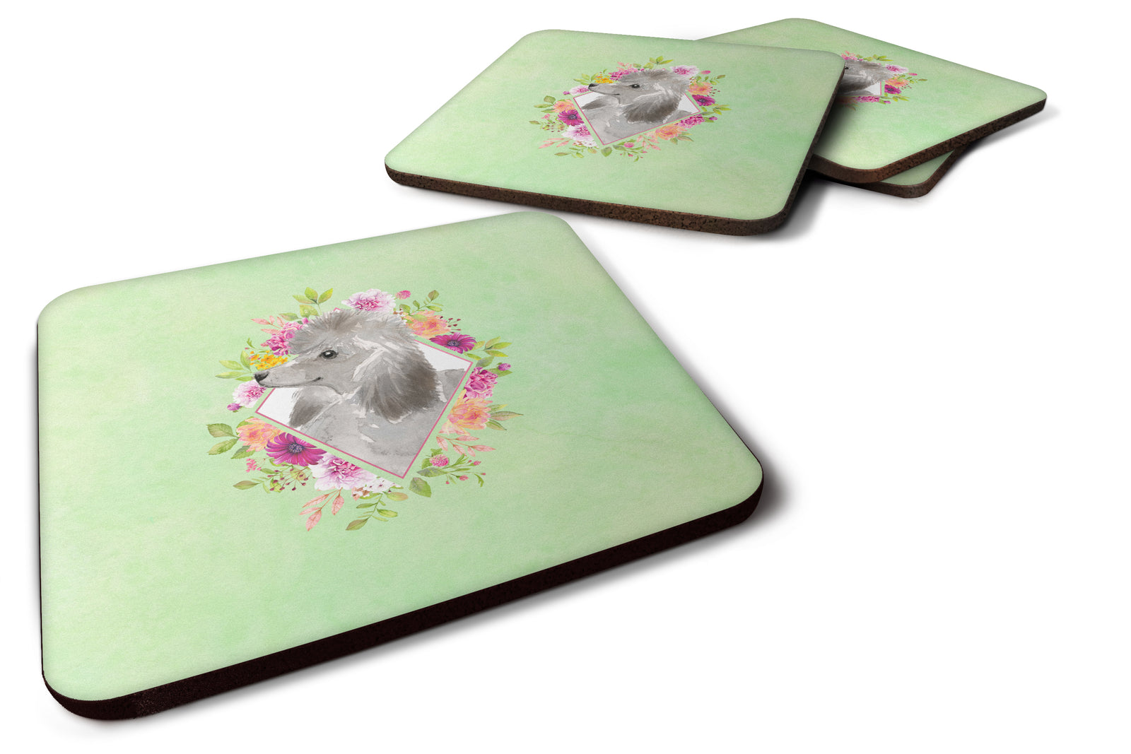 Set of 4 Grey Standard Poodle Green Flowers Foam Coasters Set of 4 CK4393FC - the-store.com