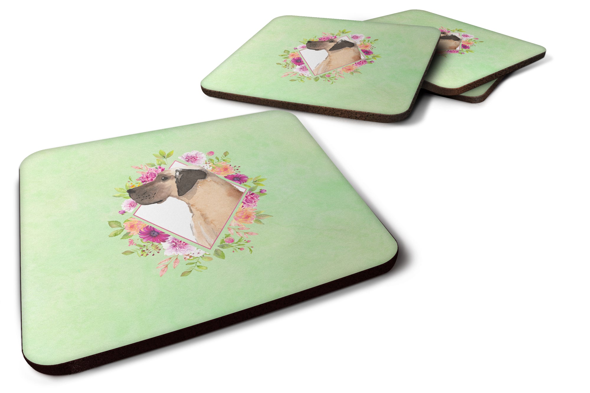 Set of 4 Fawn Great Dane Green Flowers Foam Coasters Set of 4 CK4394FC - the-store.com