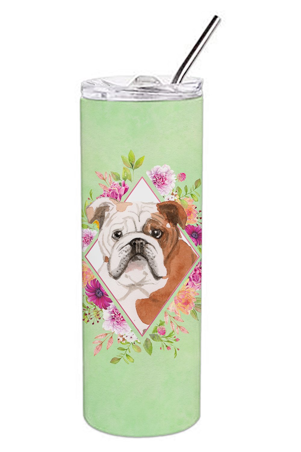 English Bulldog Green Flowers Double Walled Stainless Steel 20 oz Skinny Tumbler CK4400TBL20 by Caroline&#39;s Treasures