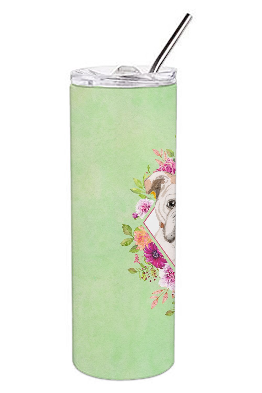 English Bulldog Green Flowers Double Walled Stainless Steel 20 oz Skinny Tumbler CK4400TBL20 by Caroline's Treasures