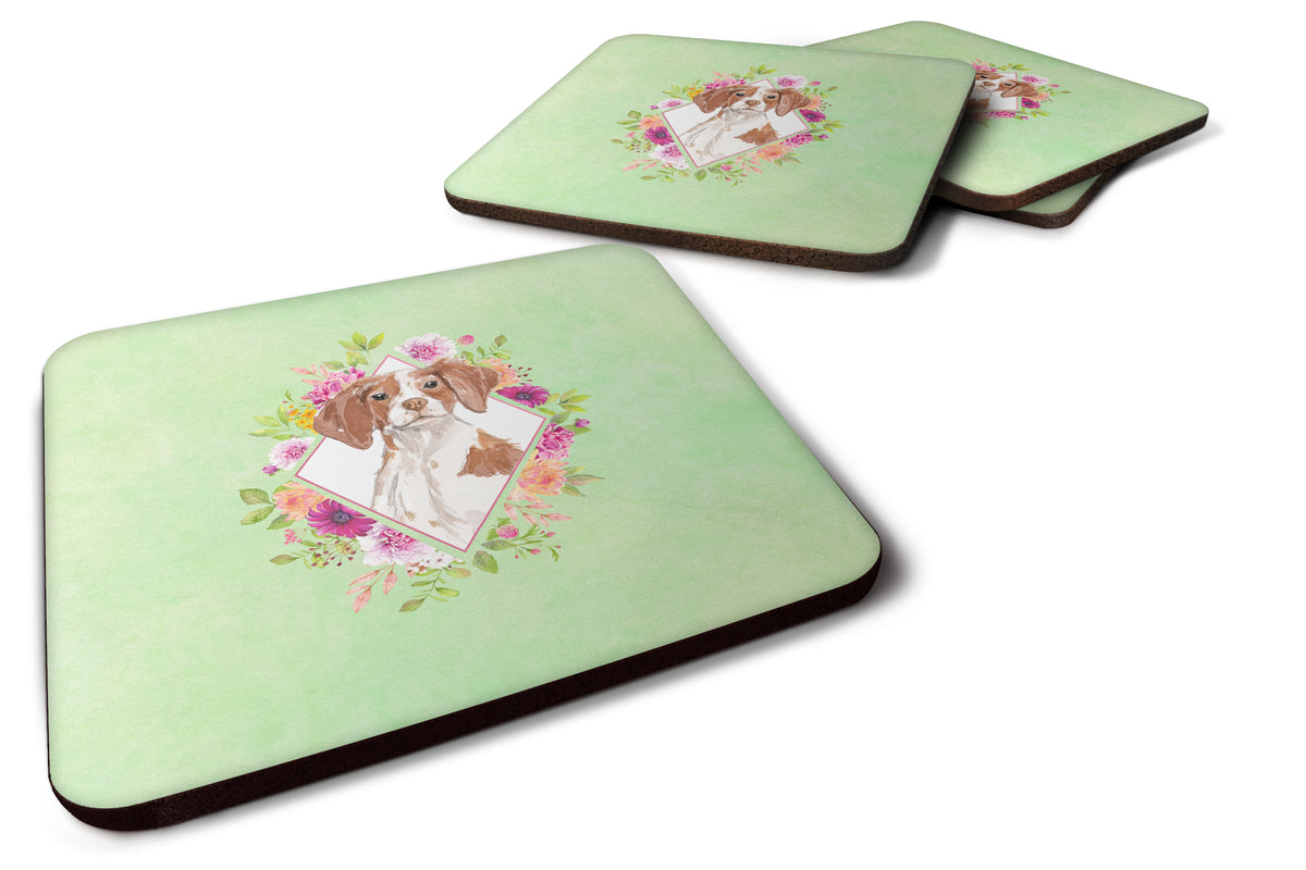 Set of 4 Brittany Spaniel Green Flowers Foam Coasters Set of 4 CK4414FC - the-store.com