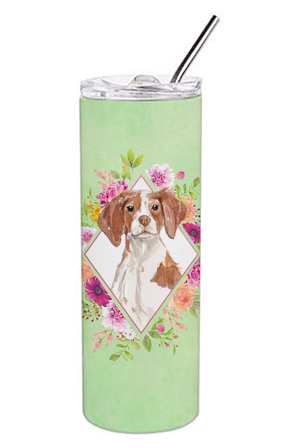 Brittany Spaniel Green Flowers Double Walled Stainless Steel 20 oz Skinny Tumbler CK4414TBL20 by Caroline&#39;s Treasures