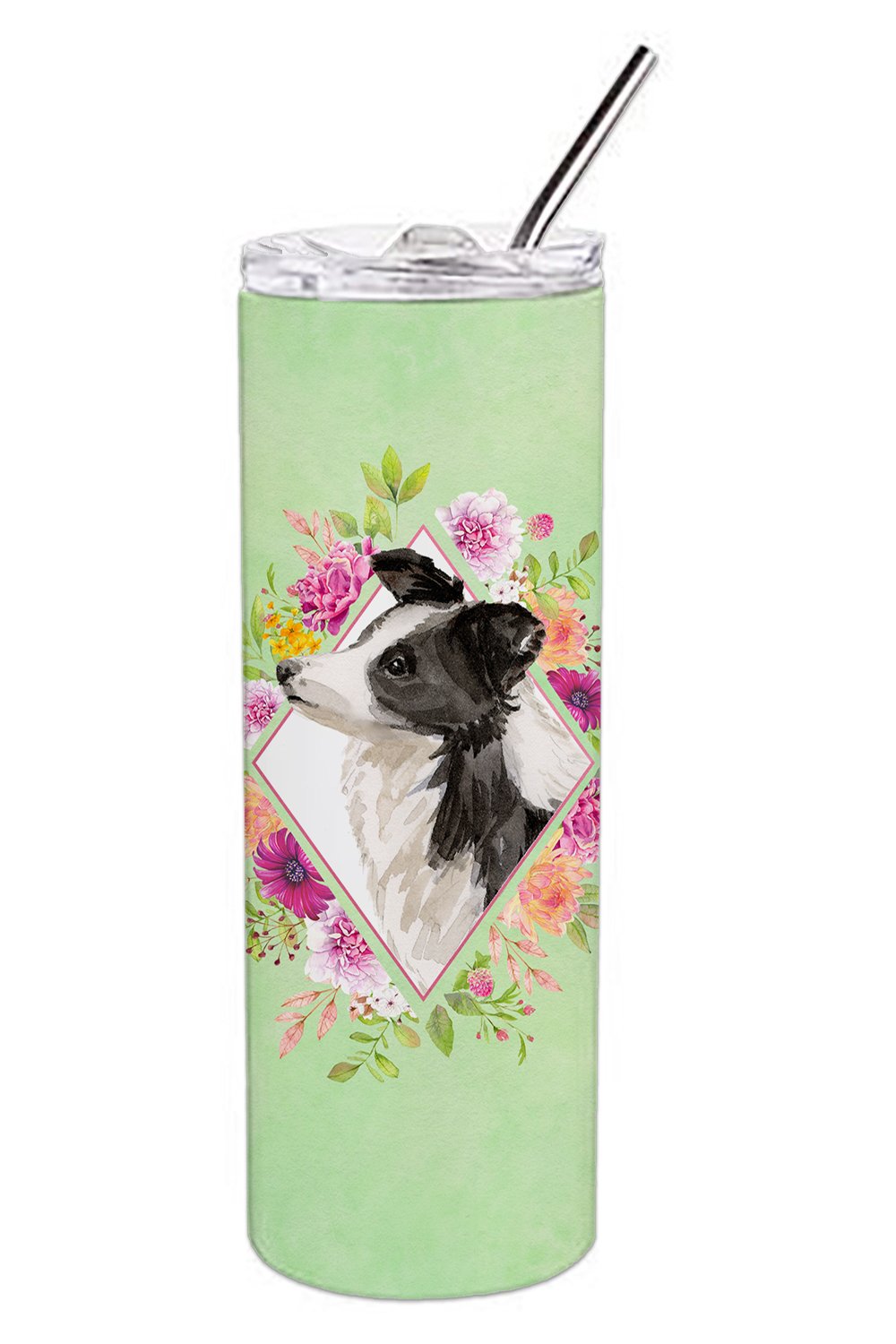 Border Collie Green Flowers Double Walled Stainless Steel 20 oz Skinny Tumbler CK4418TBL20 by Caroline&#39;s Treasures
