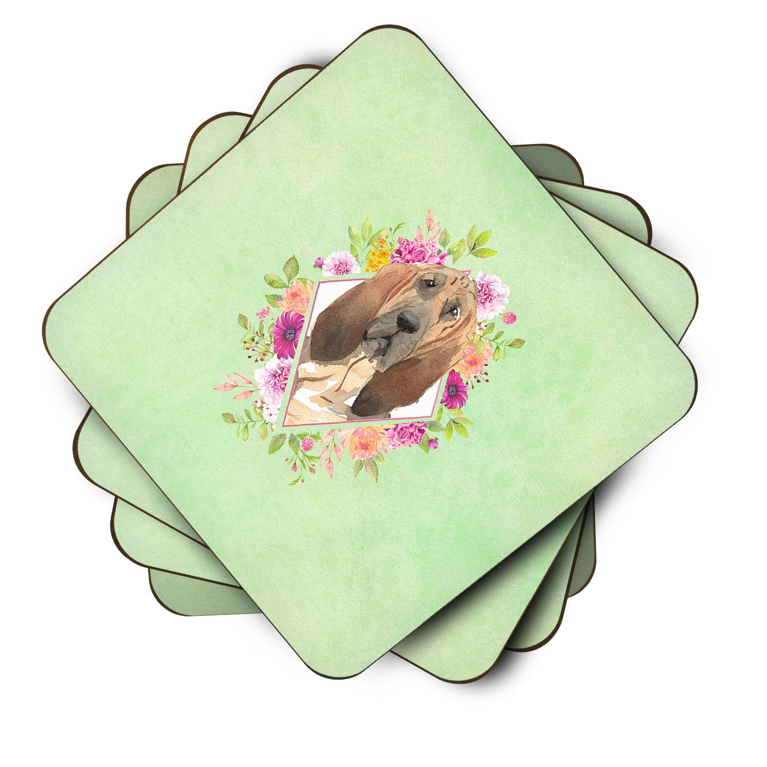 Set of 4 Bloodhound Green Flowers Foam Coasters Set of 4 CK4419FC - the-store.com