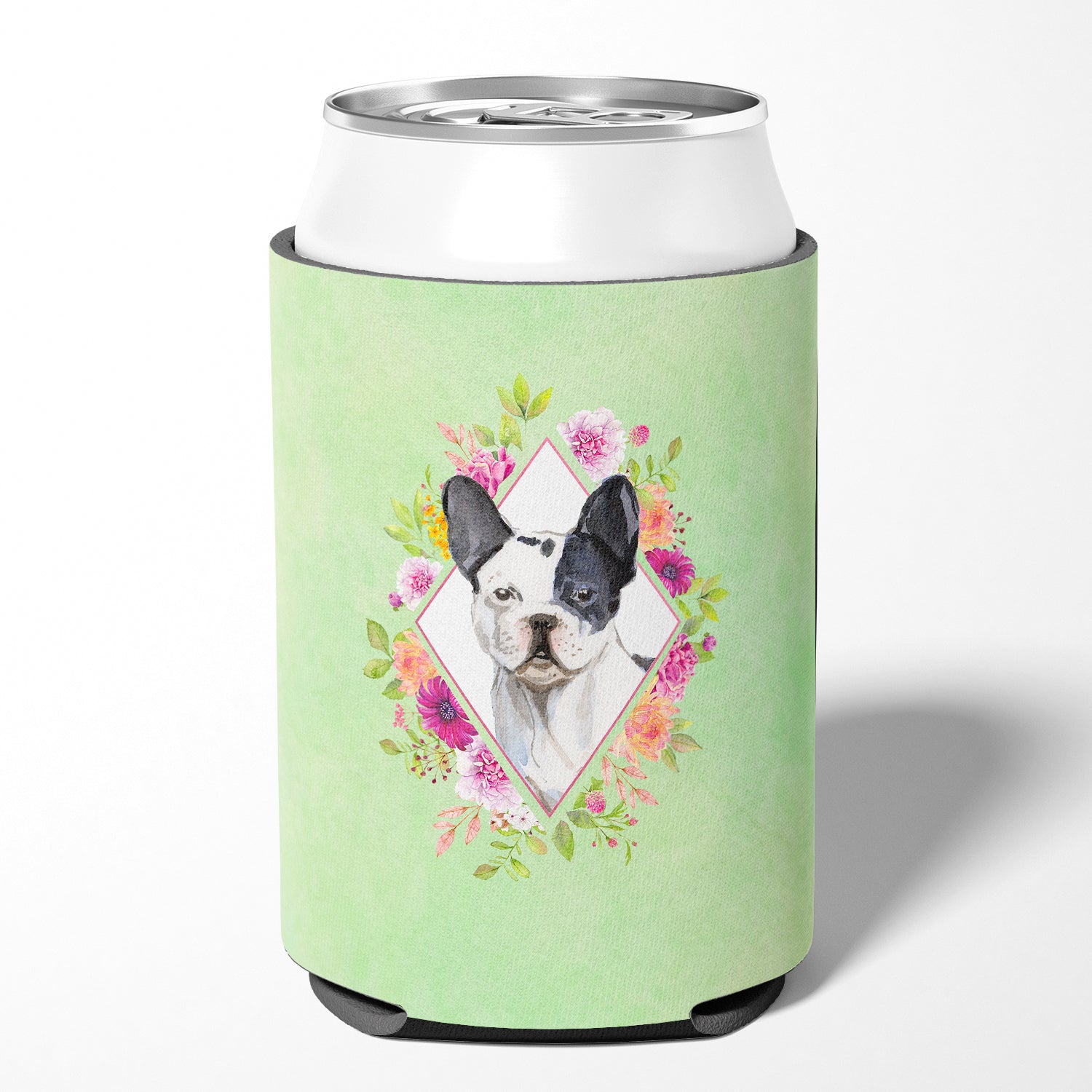 Black and White Frenchie Green Flowers Can or Bottle Hugger CK4420CC  the-store.com.