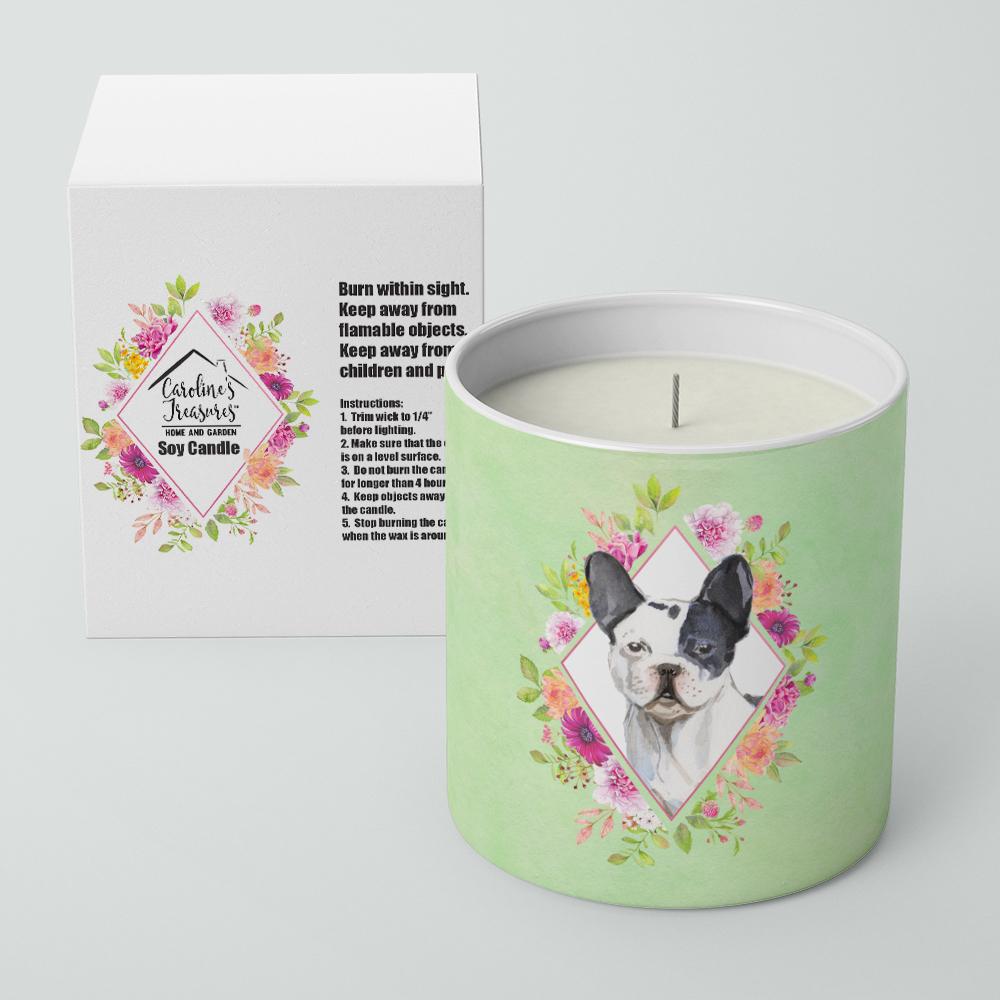 Black and White Frenchie Green Flowers 10 oz Decorative Soy Candle CK4420CDL by Caroline&#39;s Treasures