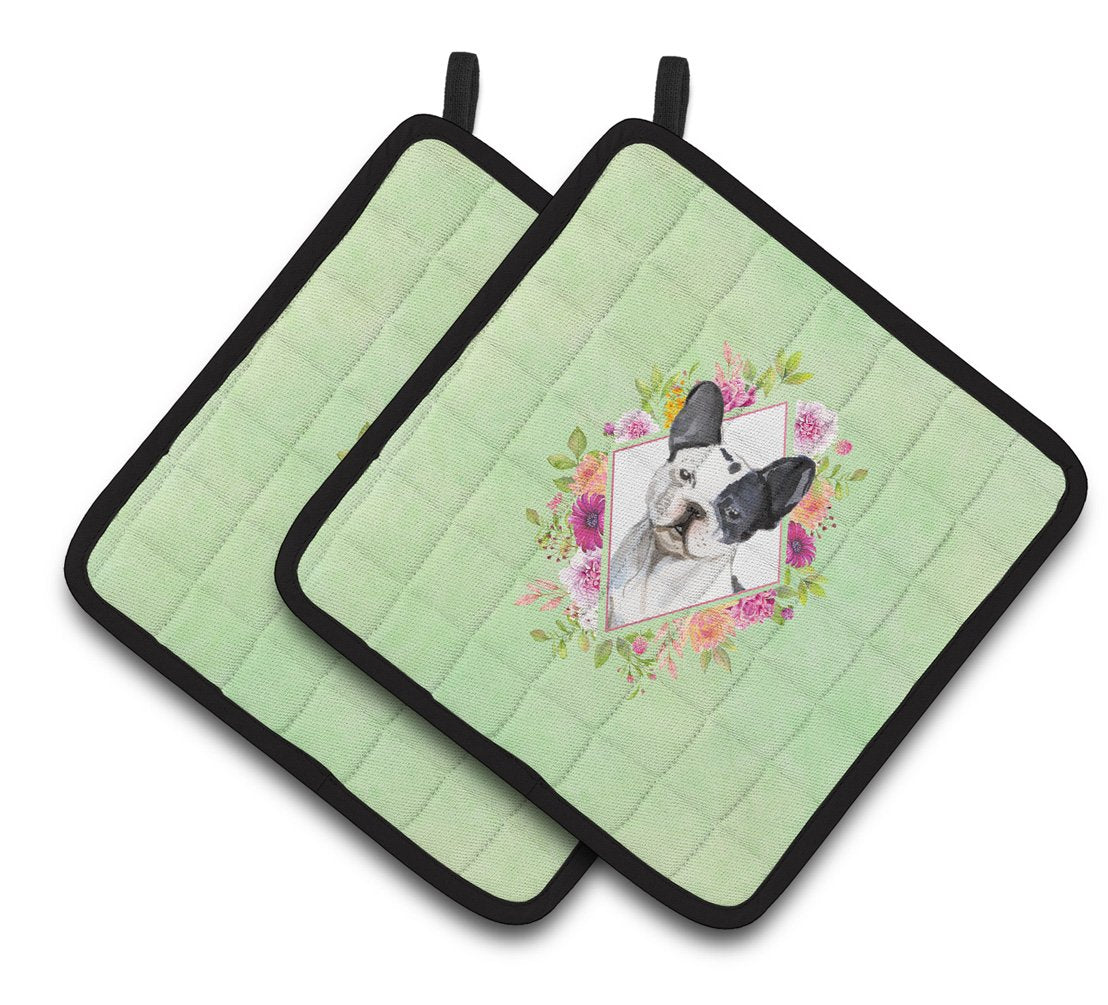 Black and White Frenchie Green Flowers Pair of Pot Holders CK4420PTHD by Caroline&#39;s Treasures
