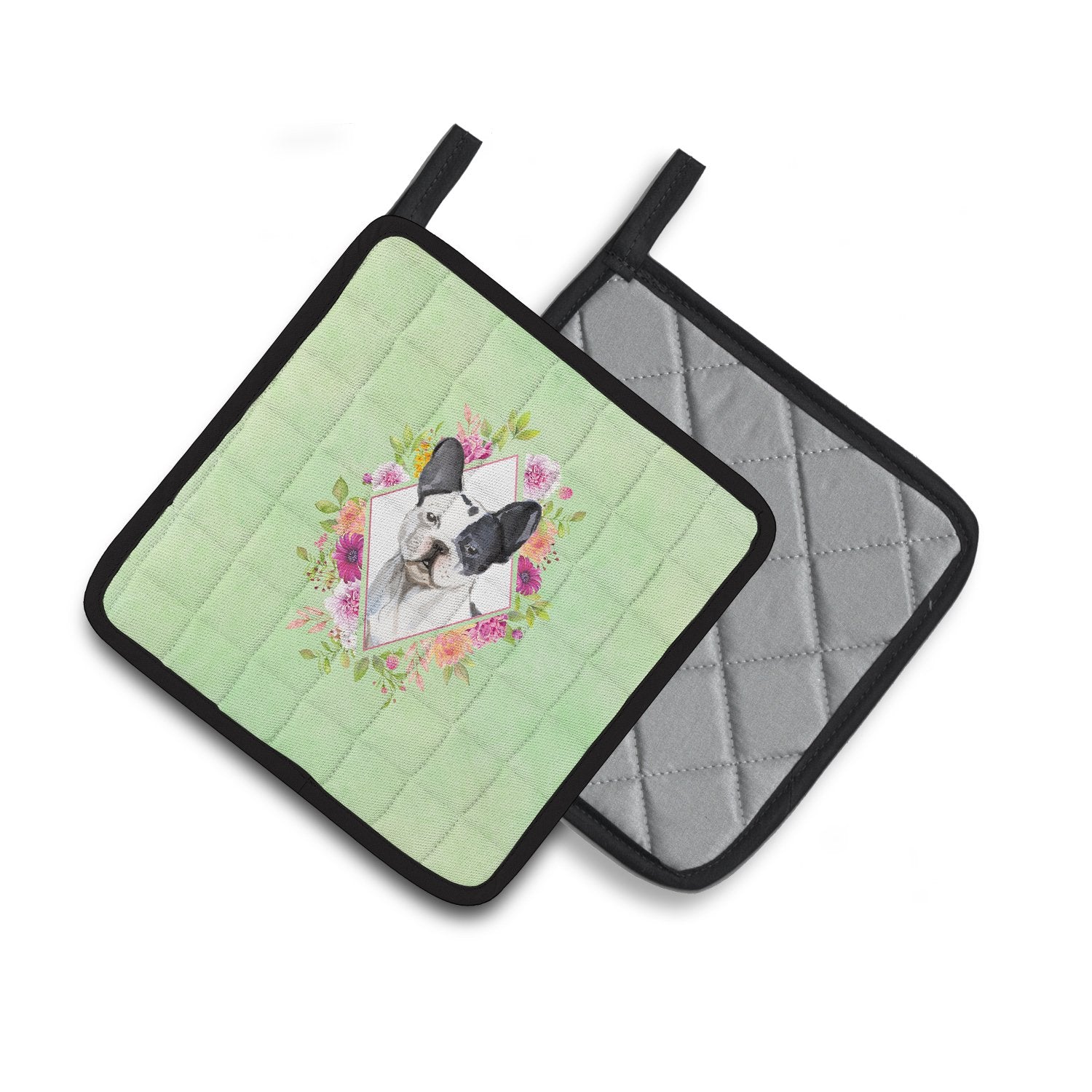 Black and White Frenchie Green Flowers Pair of Pot Holders CK4420PTHD by Caroline's Treasures