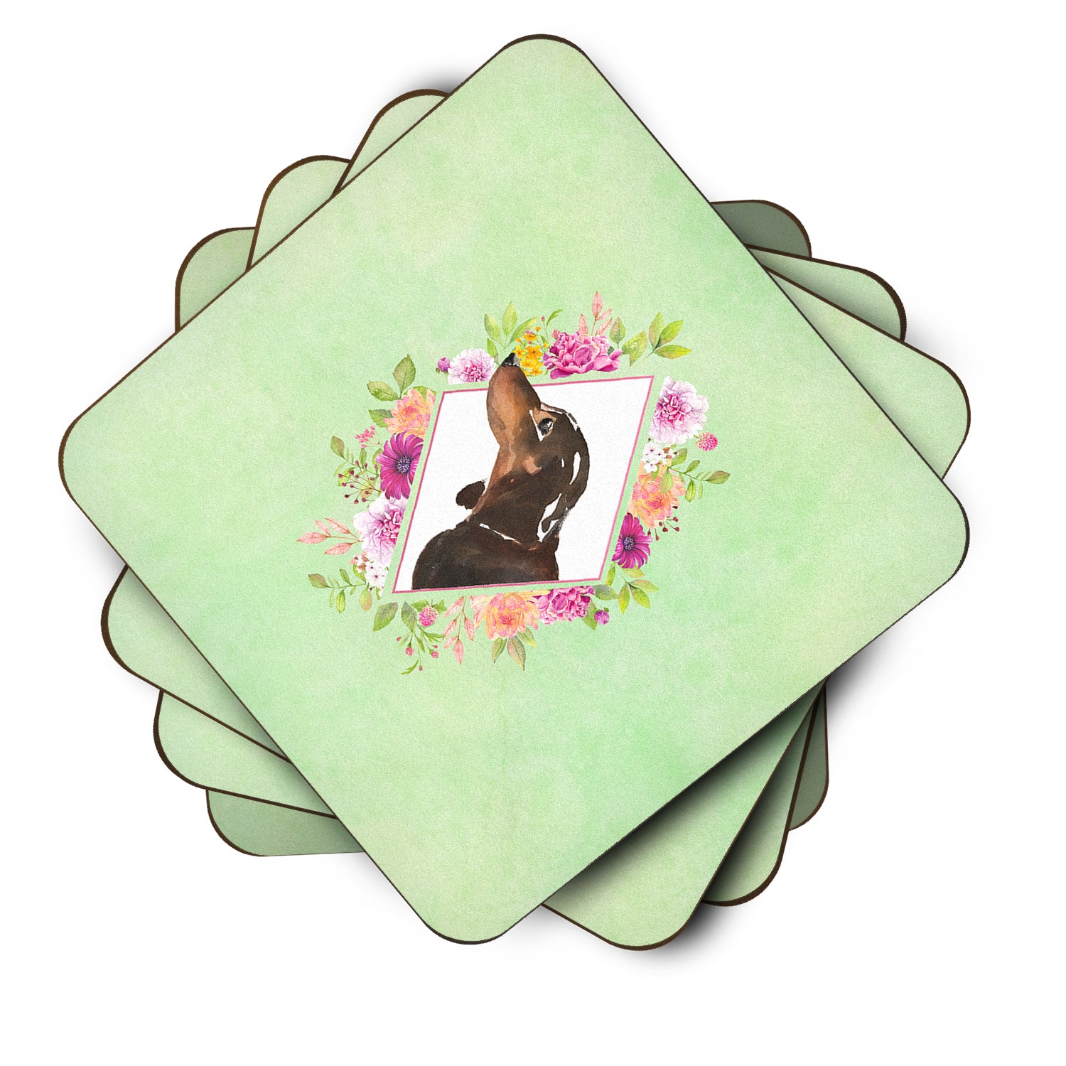 Set of 4 Black and Tan Dachshund Green Flowers Foam Coasters Set of 4 CK4422FC - the-store.com