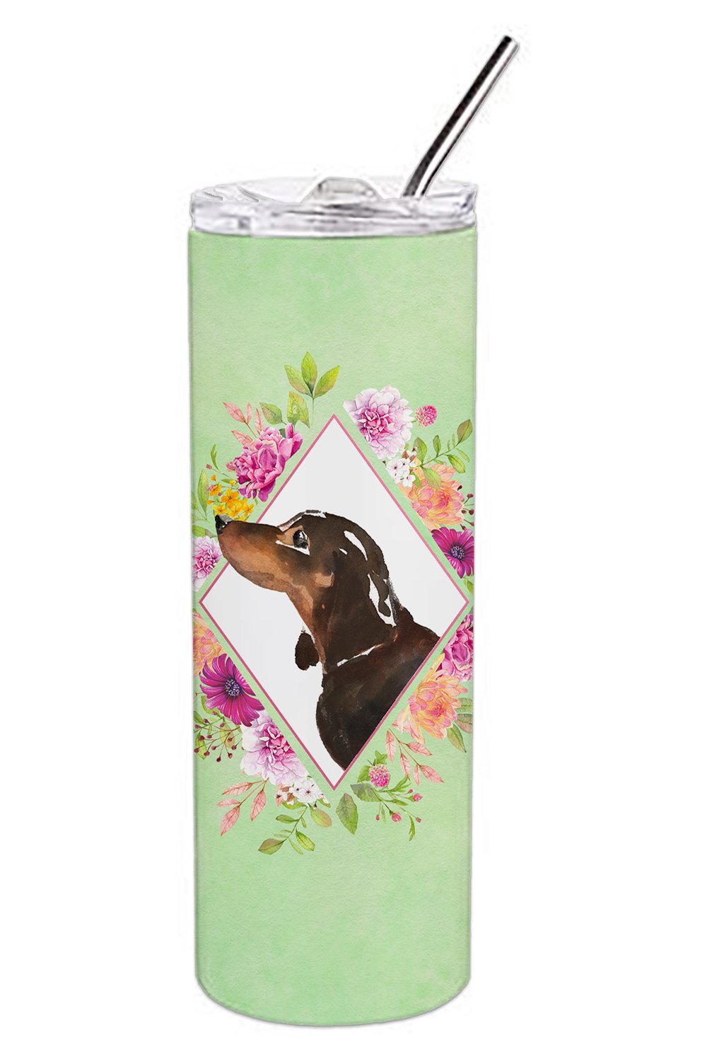 Black and Tan Dachshund Green Flowers Double Walled Stainless Steel 20 oz Skinny Tumbler CK4422TBL20 by Caroline&#39;s Treasures