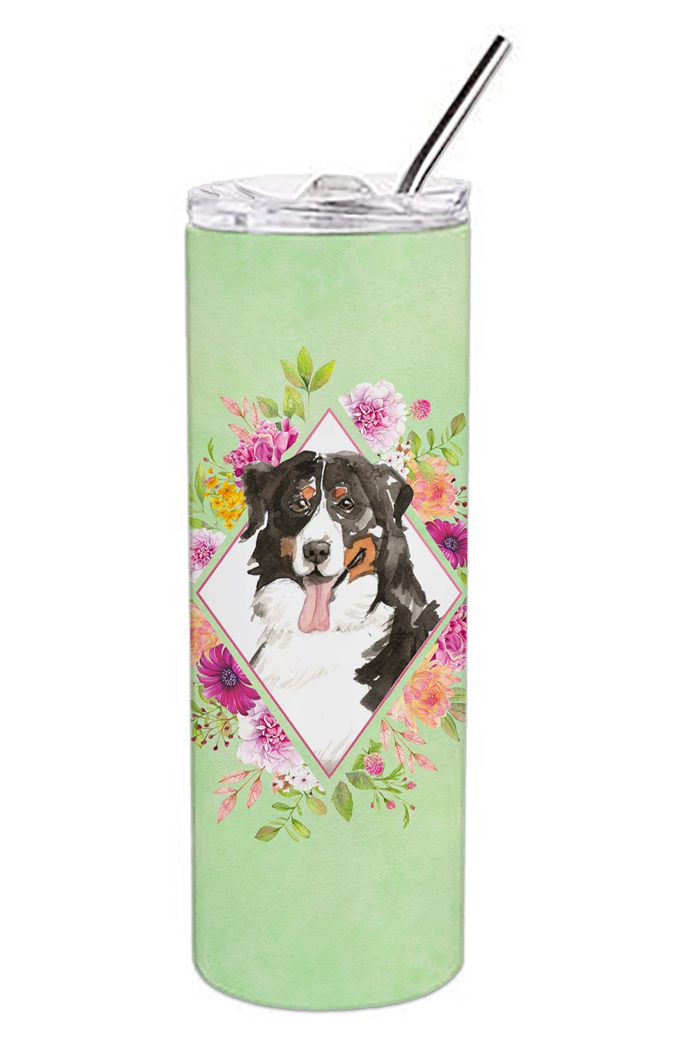 Bernese Mountain Dog Green Flowers Double Walled Stainless Steel 20 oz Skinny Tumbler CK4424TBL20 by Caroline's Treasures