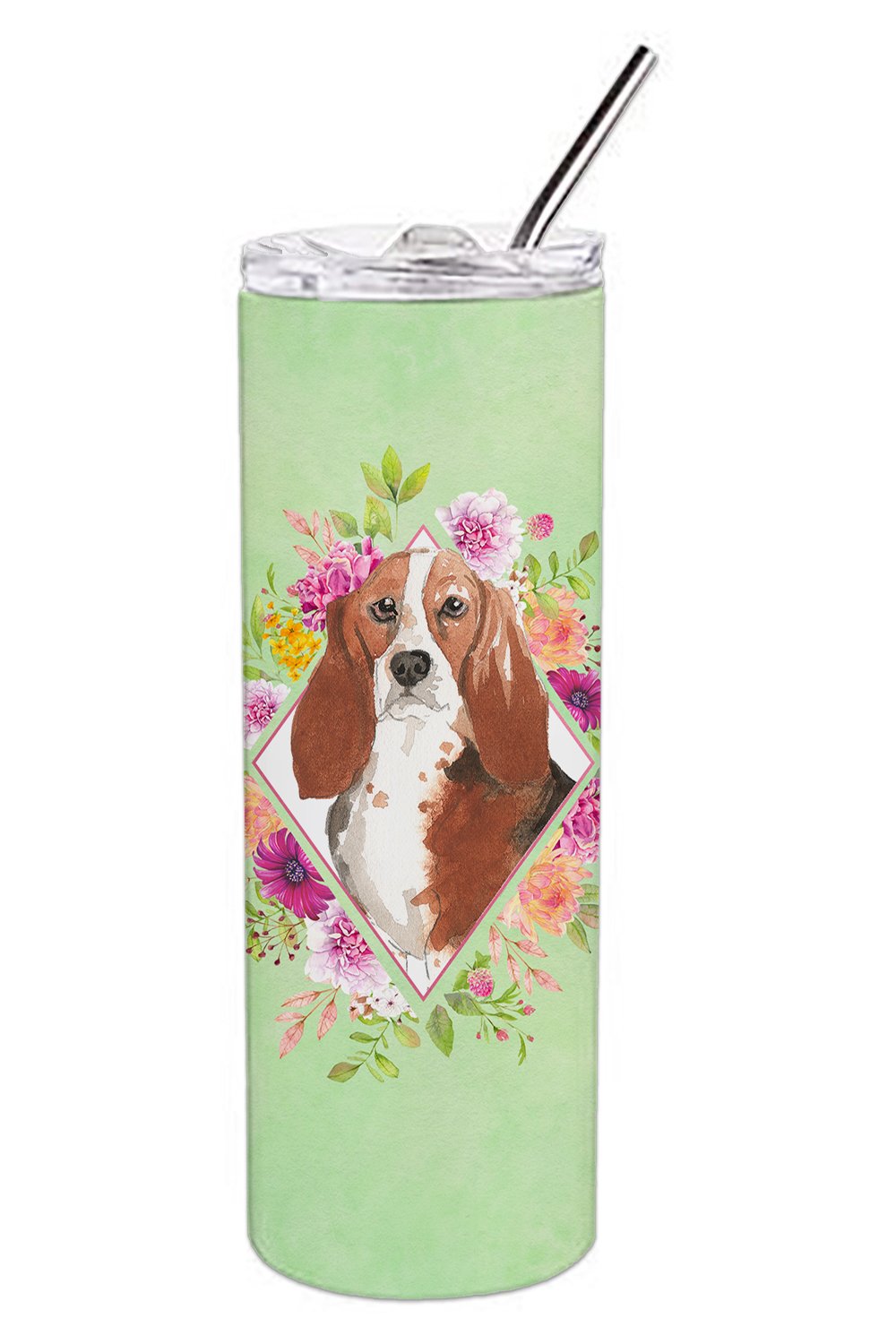 Basset Hound Green Flowers Double Walled Stainless Steel 20 oz Skinny Tumbler CK4426TBL20 by Caroline&#39;s Treasures